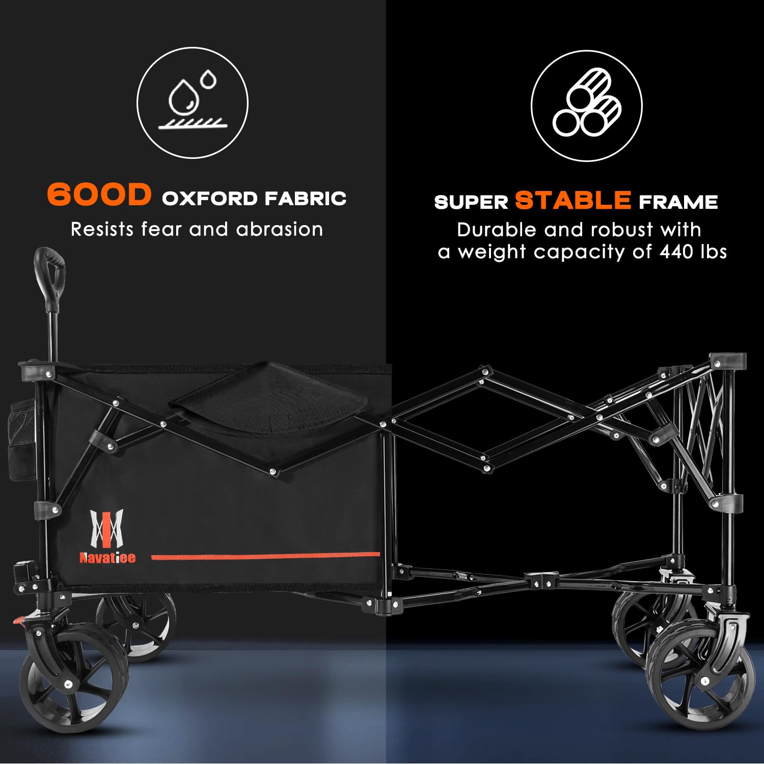 Navatiee 300L Large Collapsible Wagon Cart Foldable, Folding Extended Beach Wagon with 440LBS Weight Capacity and Big All-Terrain Wheels, Heavy Duty Utility Garden Cart for Sports Outdoor