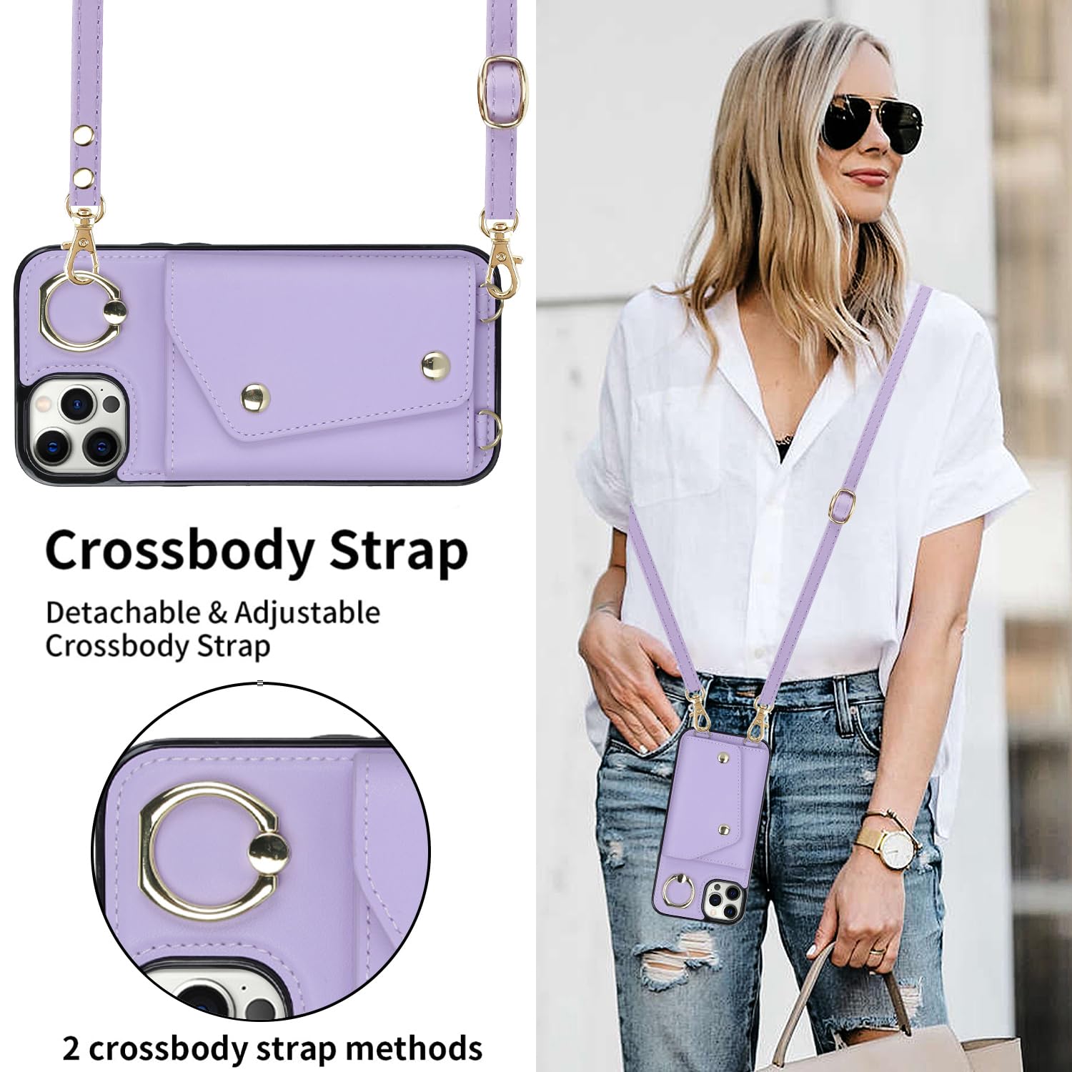 Lipvina for iPhone 12 Pro Max Case Wallet with Strap for Women,Crossbody Lanyard and Wristlet Strap,Zipper Pocket,Credit Card Holder,Stand Ring,Phone Wallet Case(6.7 inch,Purple)