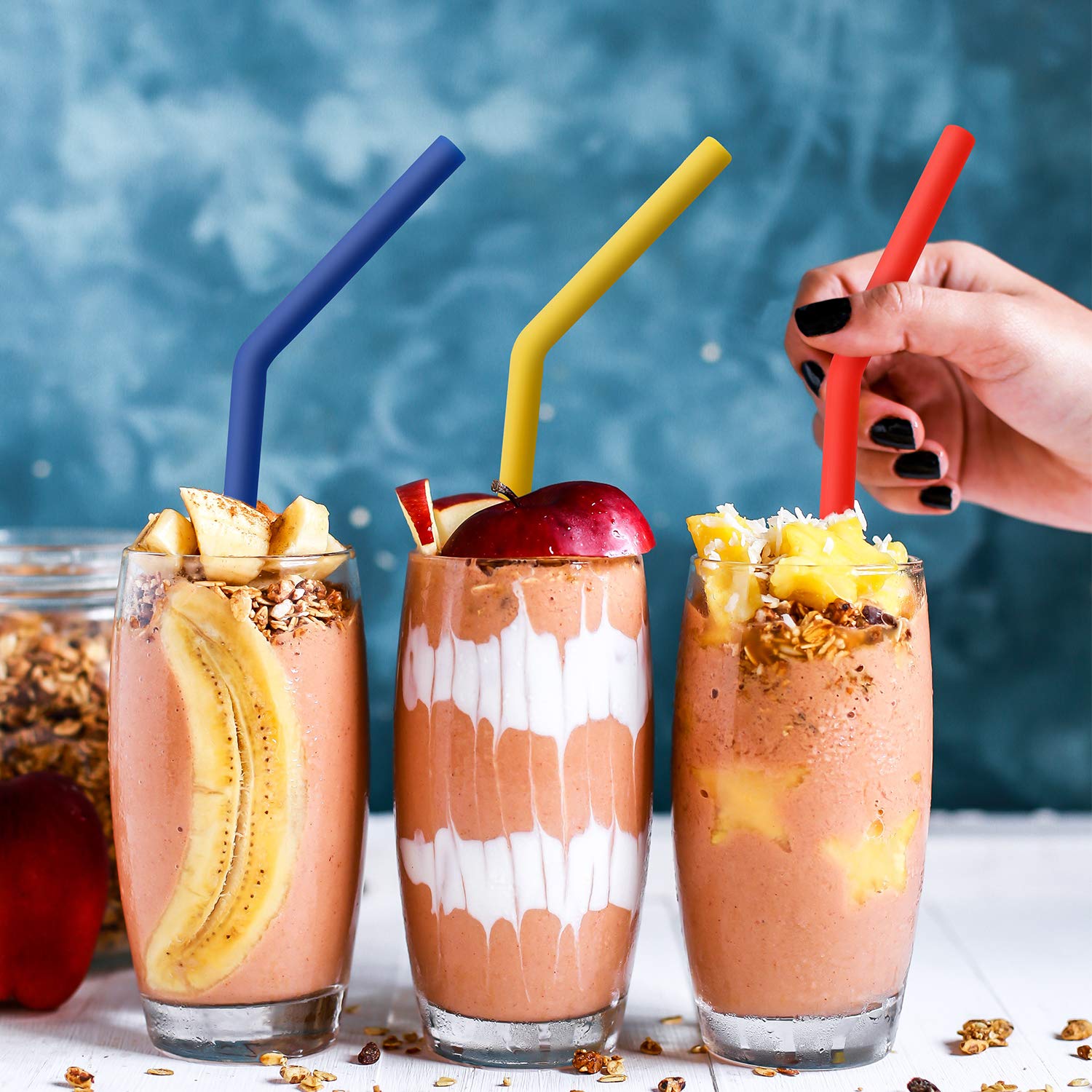 Hiware Reusable Silicone Straws, Long Flexible Silicone Drinking Straws with Cleaning Brushes for 30 oz Tumblers - 10 Pieces - BPA-Free - No Rubber Taste