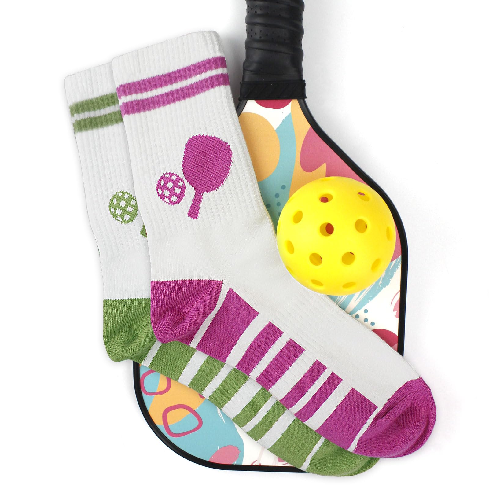 KOFULL Pickleball Socks, Pickleball Gifts for Pickleball Lovers, Pickleball Socks for Women, Striped Socks Women Athletic Crew Socks for Pickleball Golf Tennis Running Hiking, White Athletic Socks