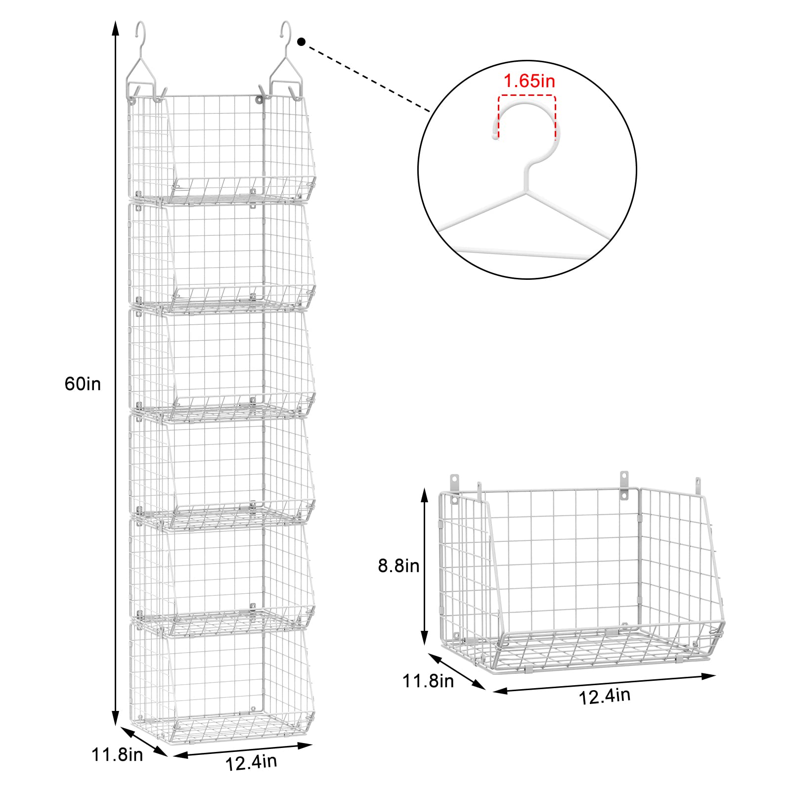 X-cosrack 6 Tier Closet Hanging Organizer, Clothes Hanging Shelves with 4 Hanging Hooks 5 S Hooks, Wire Storage Basket Bins, for Clothing Sweaters Shoes Handbags Clutches Accessories Patent