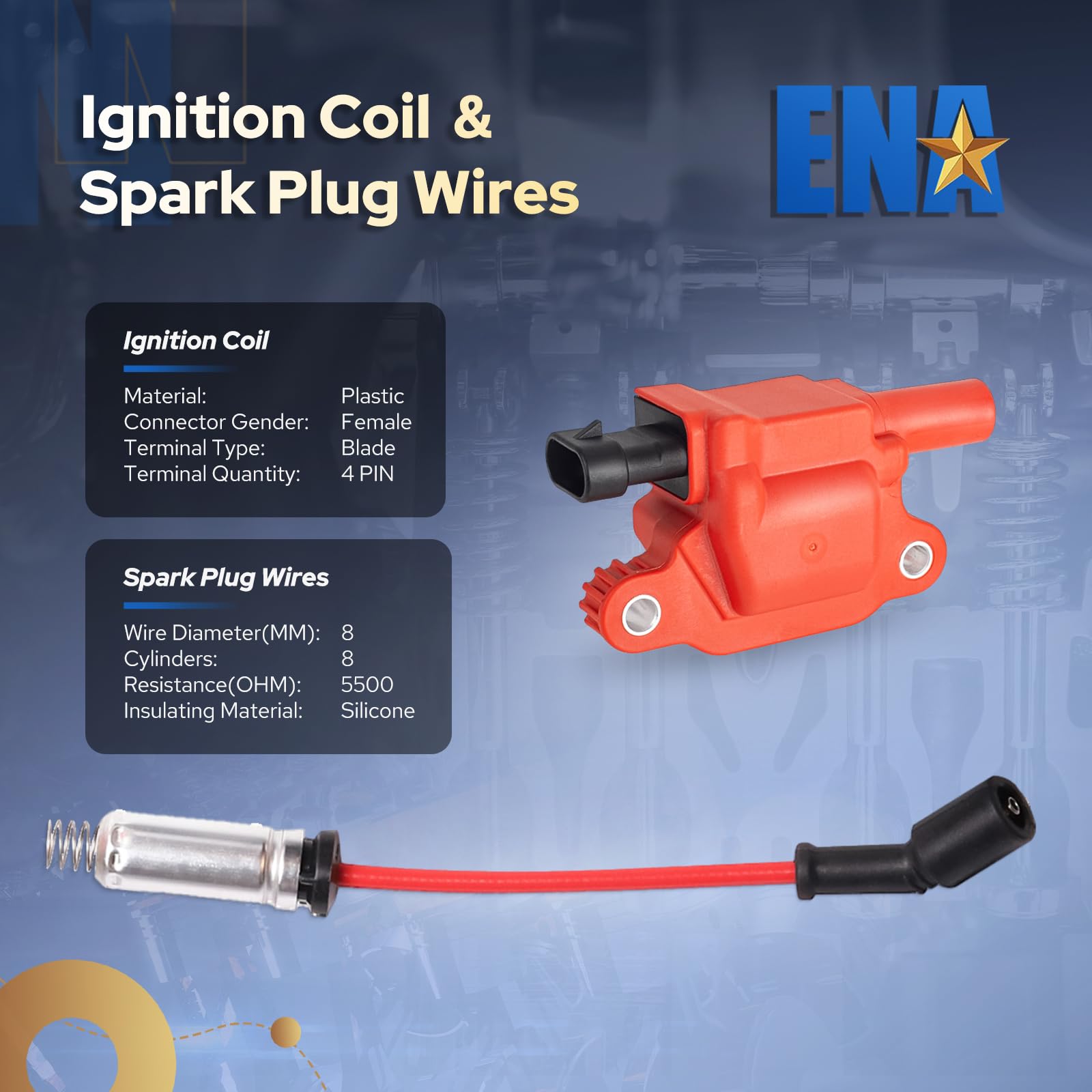 ENA Set of 8 UF413 Ignition Coil with 8mm 748UU Spark Plug Wires Compatible with Cadillac Chevrolet Chevy GMC Canyon Tahoe LaCrosse Escalade Express Savana Silverado SSR Yukon CTS 4.8L 5.3L 6.0L 6.2L