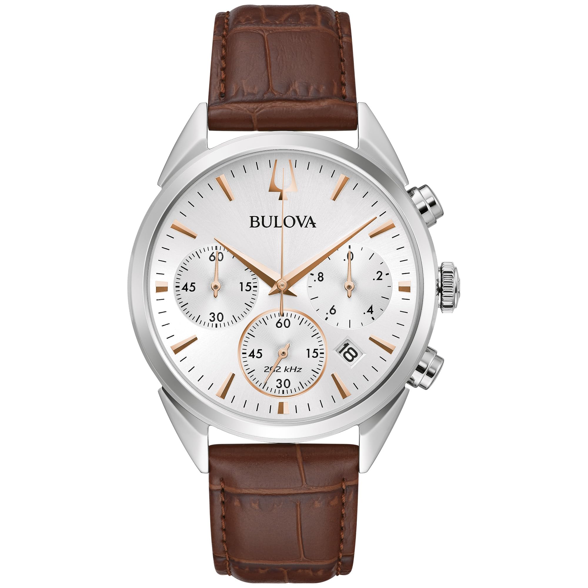 Bulova Men's Classic Sutton 6-Hand Chronograph High Performance Quartz Stainless Steel Case Watch with Brown Leather Strap, Silver-White Dial, 41.5mm Style:96B370