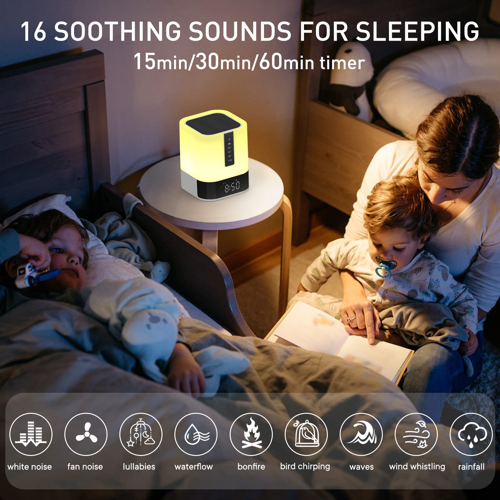 White Noise Sound Machine Alarm Clock with Bluetooth Speaker, 48 Night Light, 16 Soothing Sounds for Baby Adults Sleeping & Kids Bedroom, Bedside Lamp with Clock, Gift Ideas for Teenage Boys Girls