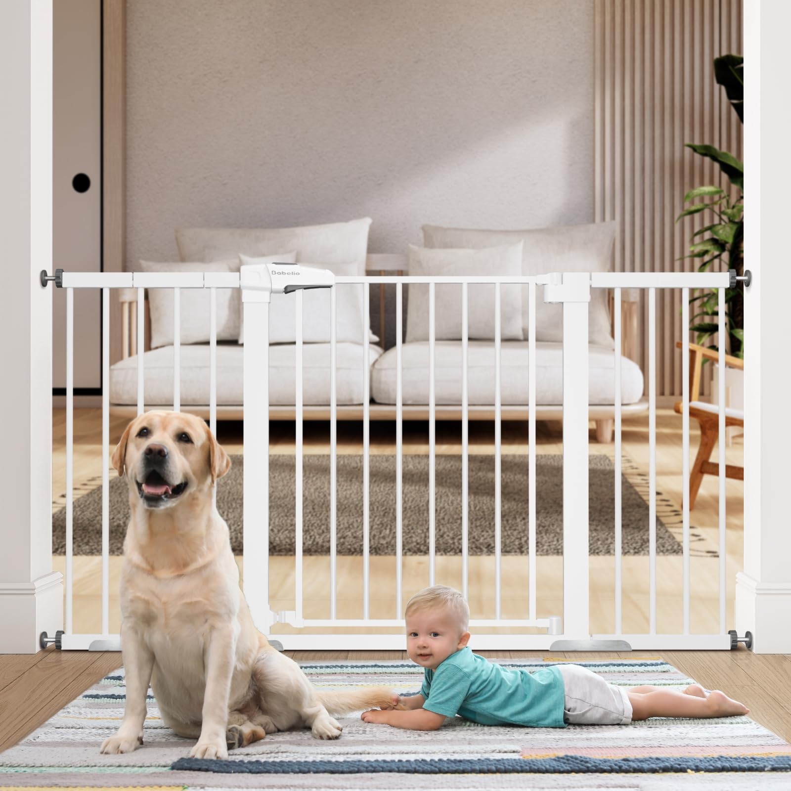 BABELIO 29-55 Inch Extra Wide Baby Gate, Metal Auto Close Dog Gate, Pressure Mounted Pet Gate for Doorways, NO Tools Needed NO Drilling, with Wall Cups, White