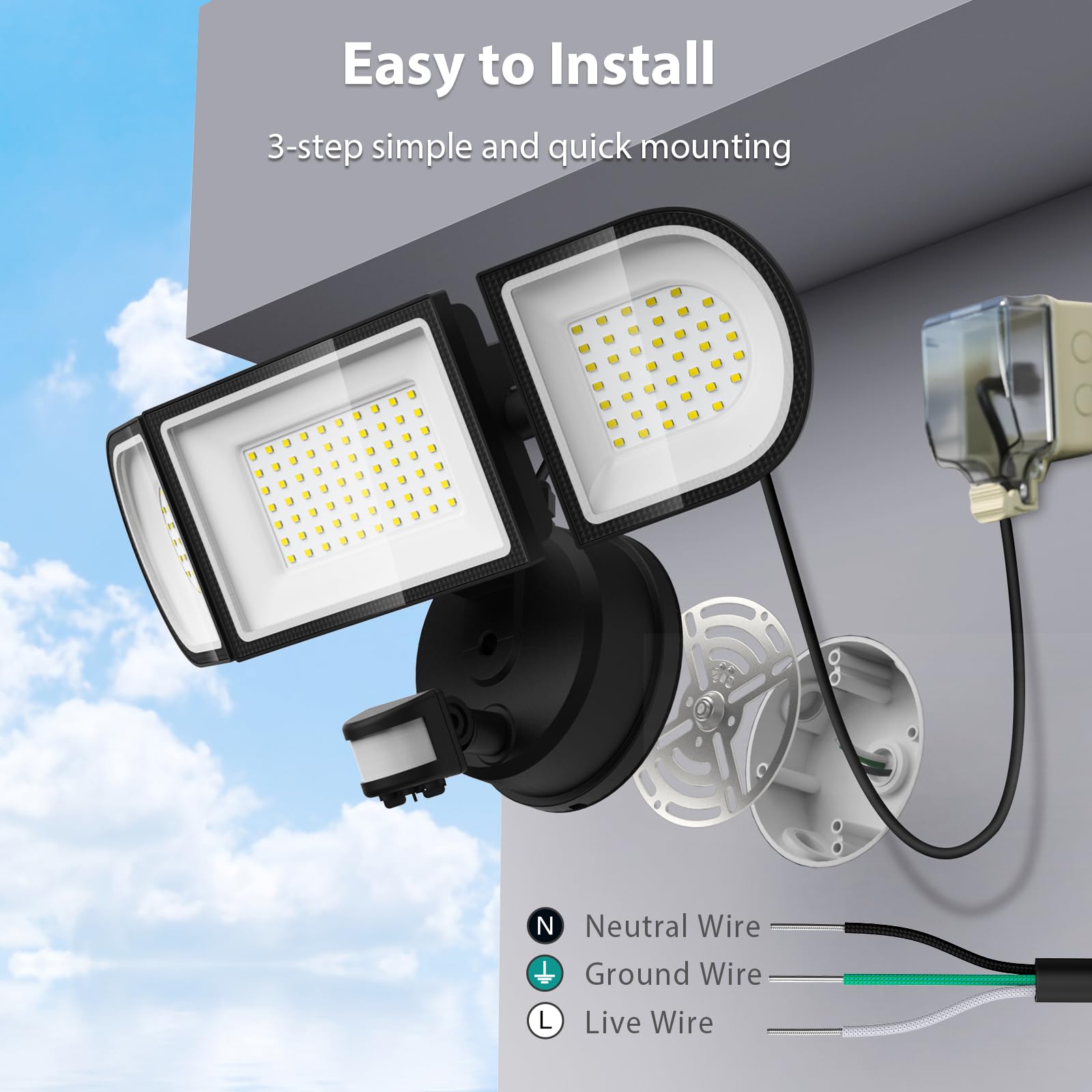 iMaihom 100W Motion Sensor LED Security Light with Plug, 9000LM Flood Lights Outdoor Plug in, 6500K Exterior Floodlight, IP65 Waterproof,3 Head Adjustable Motion Detector Light for Yard Garage (2Pack)