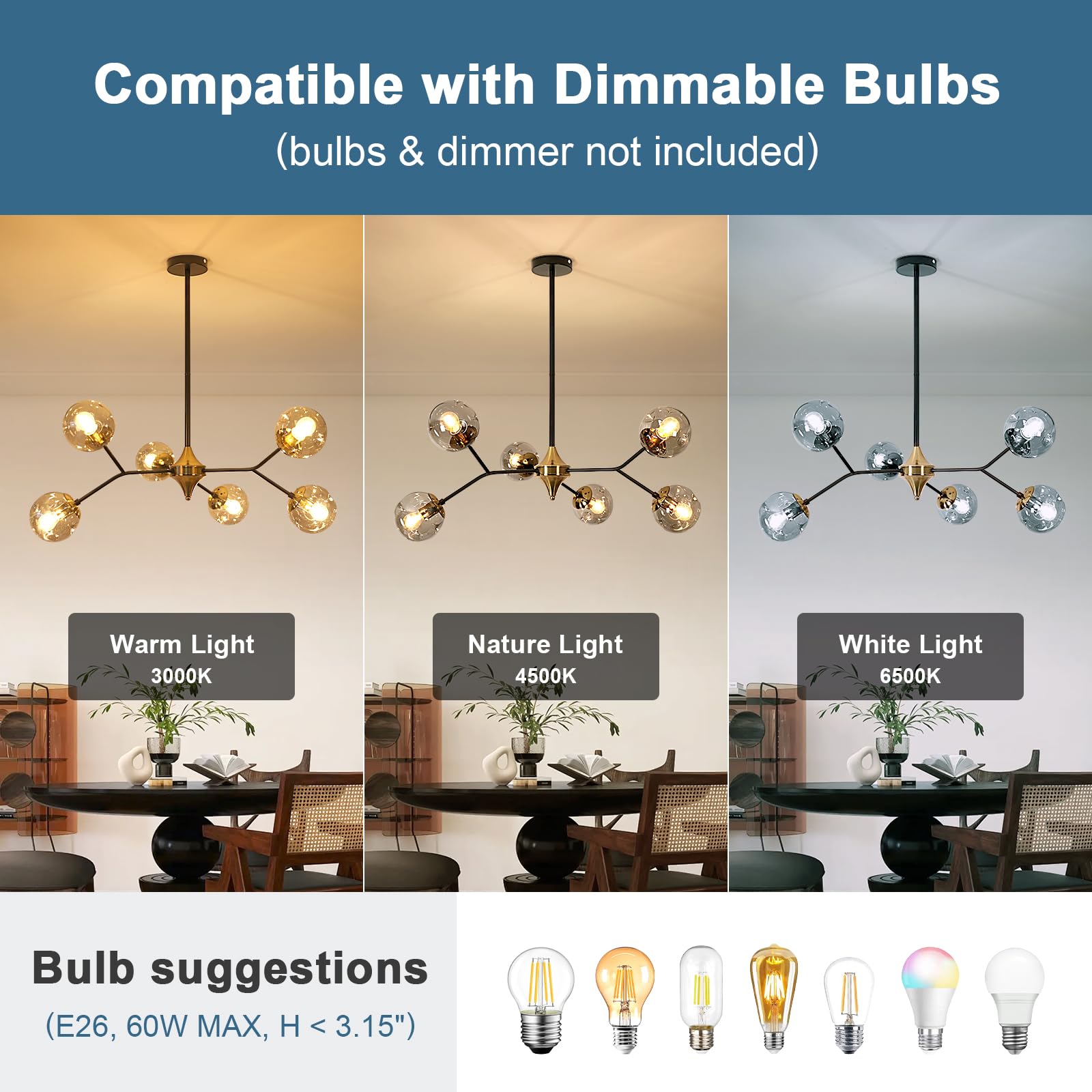 DELIPOP Glass Sputnik Chandelier, 6-Light Black and Gold with Smoke Gray Glass Lampshade Chandelier, E26 Mid Century Modern Pendant Light Fixture for Dining Room, Living Room, Kitchen