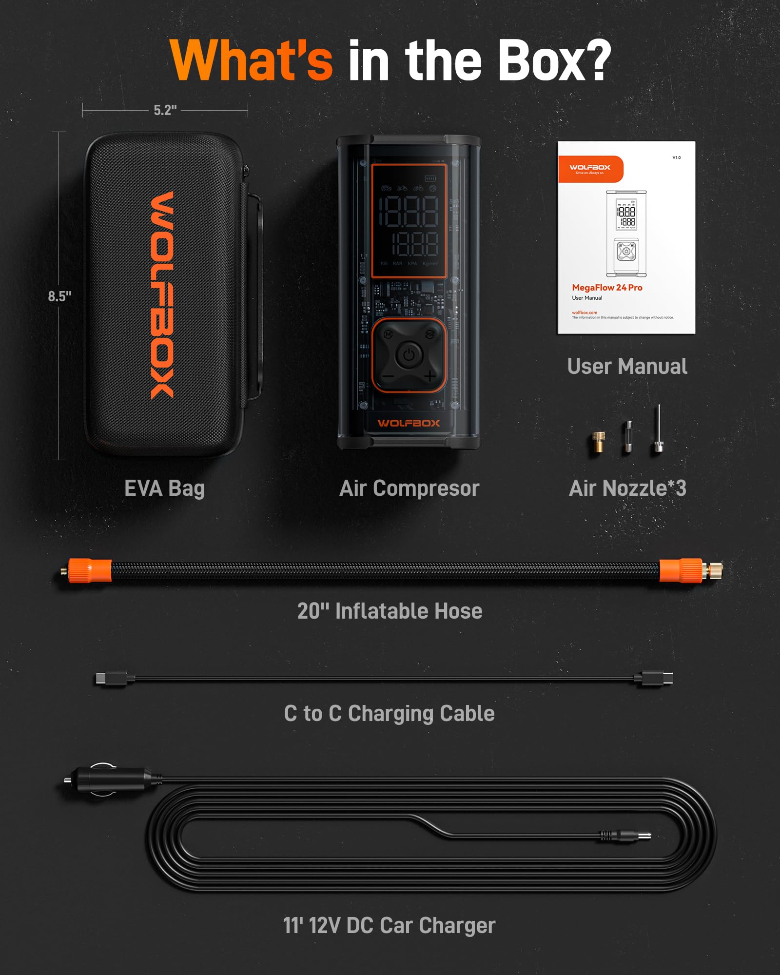 WOLFBOX 12000mAh&150PSI Tire Inflator Portable Air Compressor,Double- cylinder 58LPM Fast Air Pump for Car Tires,3.5'' LED Display,20'' Hose,45W USB C Port,Air Compressor for Car,Pickup Truck,Bike,RV