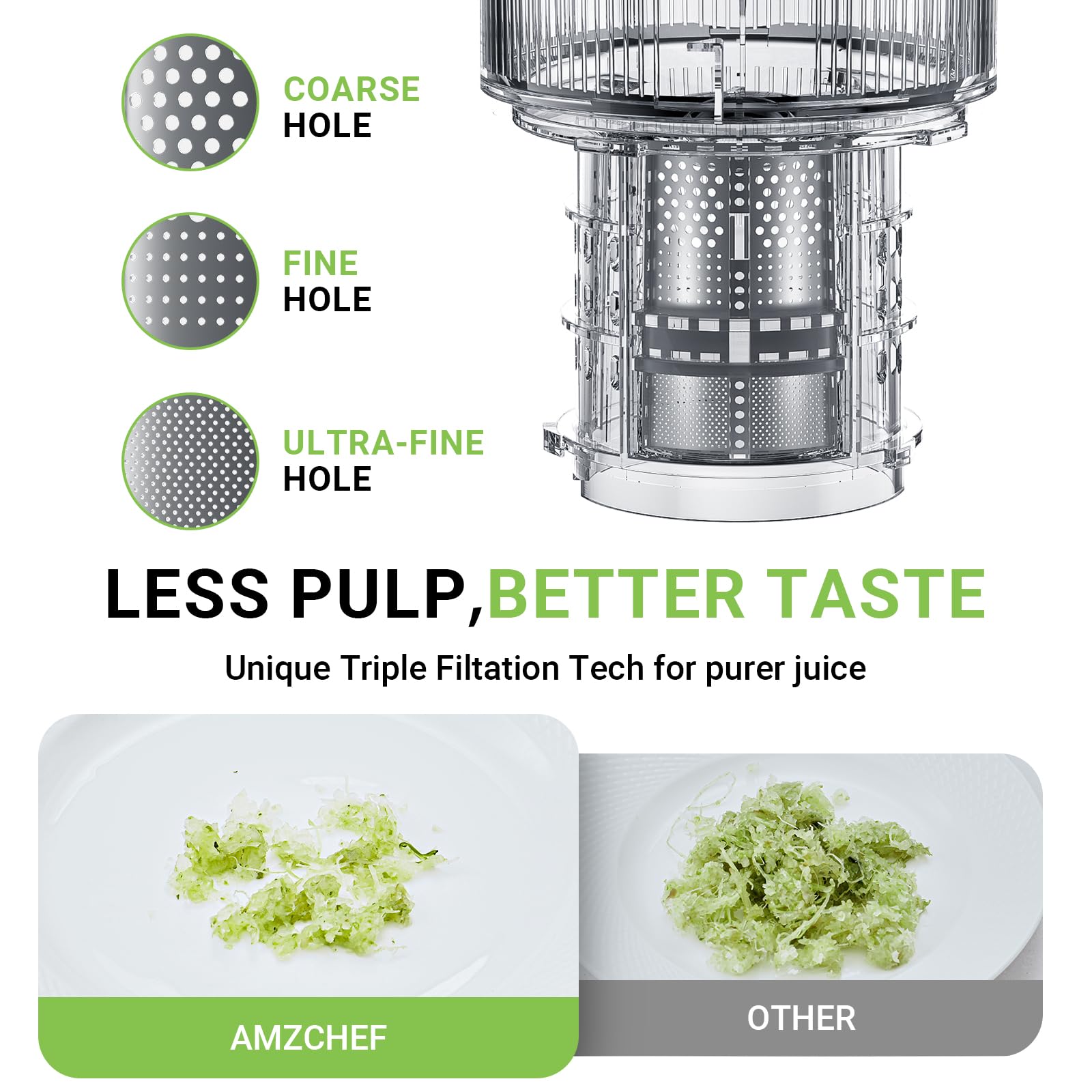 AMZCHEF Cold Press Juicer - Juicer Machine with 5.2‘’ Large Feed Chute for Whole Fruits and Vegetables - Durable Stainless Steel Masticating Juicer, Large Auger, Double Strainers (Stainless Steel)