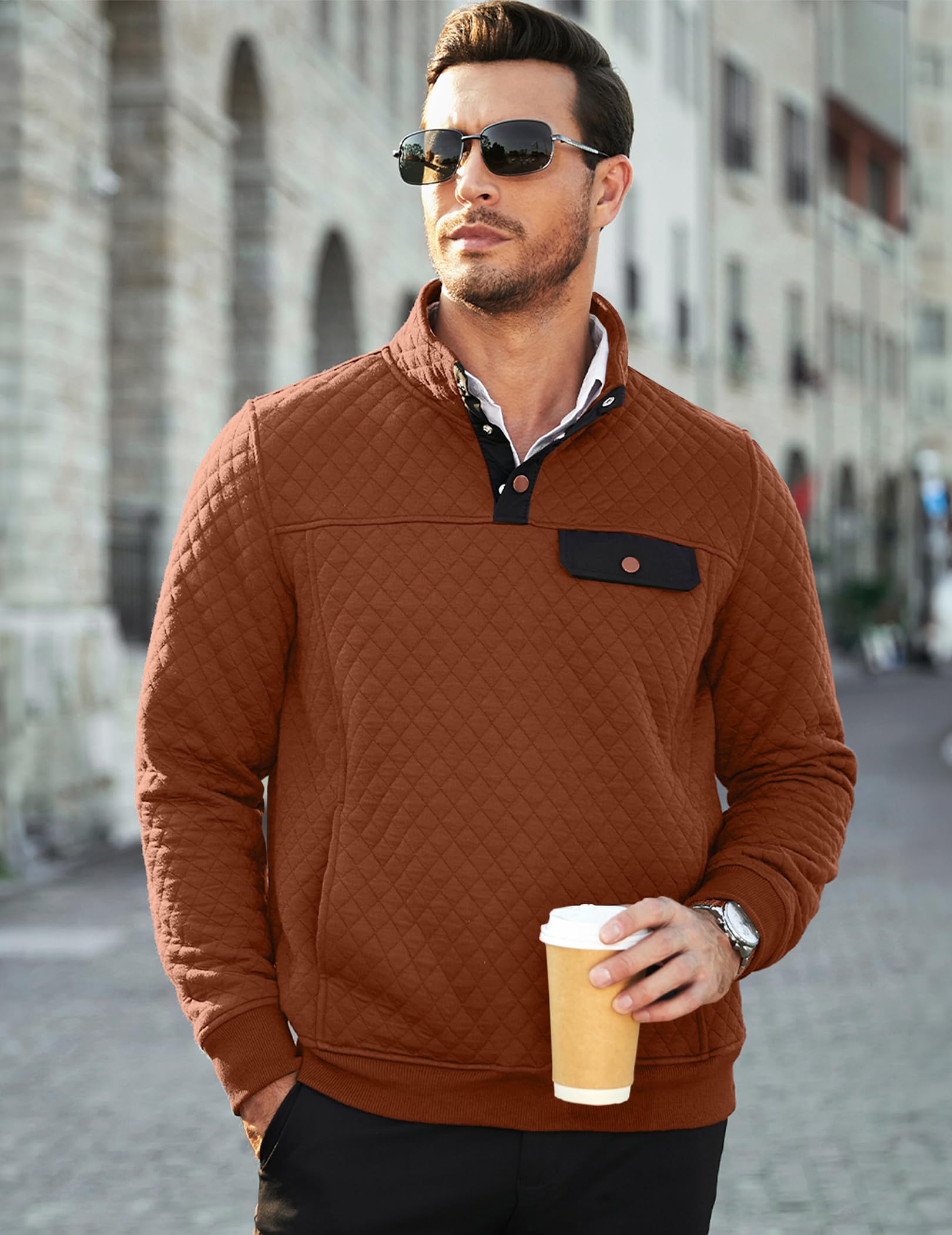 JMIERR Mens Quilted Sweatshirt Casual Long Sleeve Outdoor Stand Collar Quarter Button Fall Pullover Sweatshirts with Pocket, US 43(L), Orange