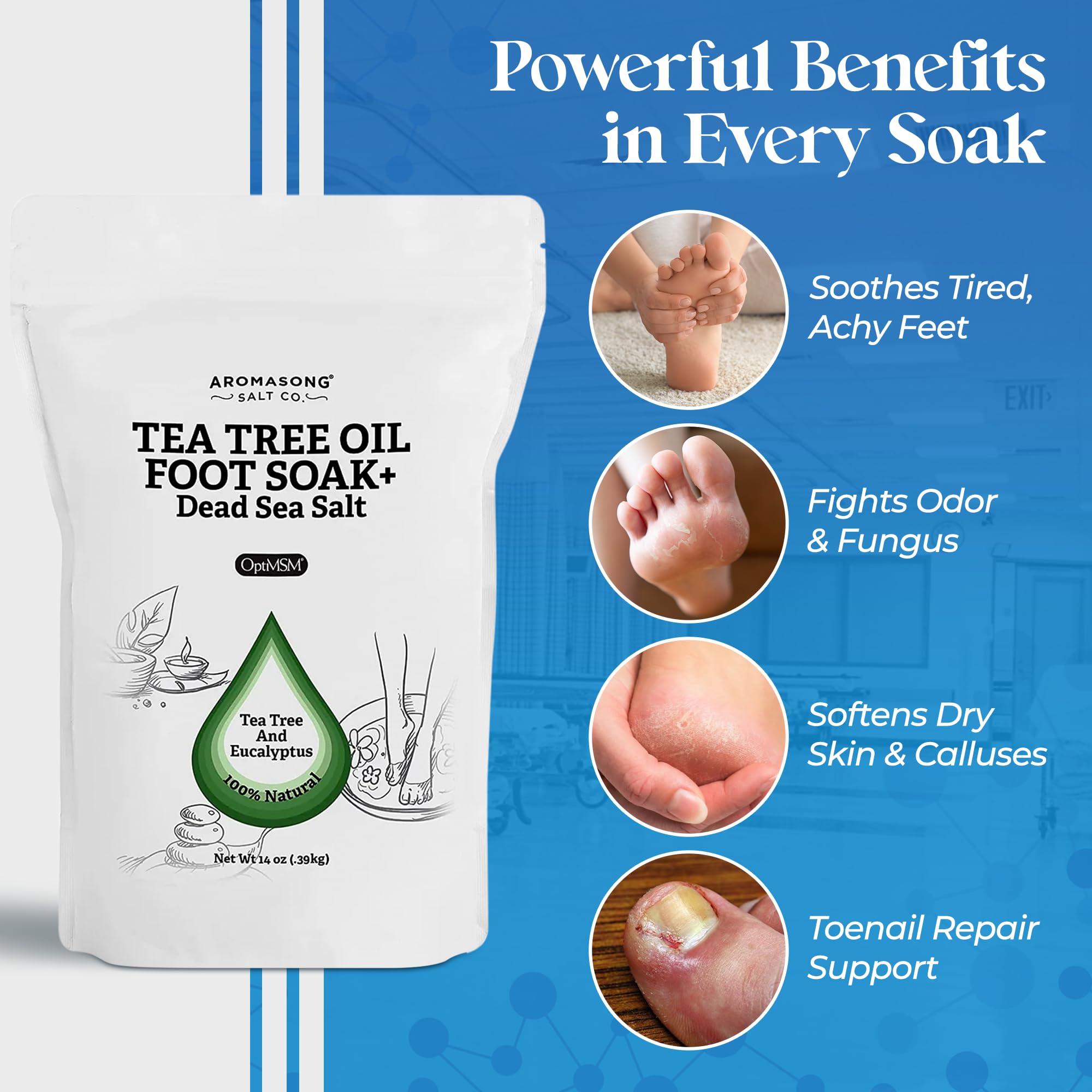 Aromasong Tea Tree Foot Soak with Magnesium Flakes and Dead Sea Foot Soaking Salts - Pedicure Tea Tree oil foot Soak for Dry Cracked Feet-Athlete's Callus Remover- Eliminates Odor- Packaging may vary