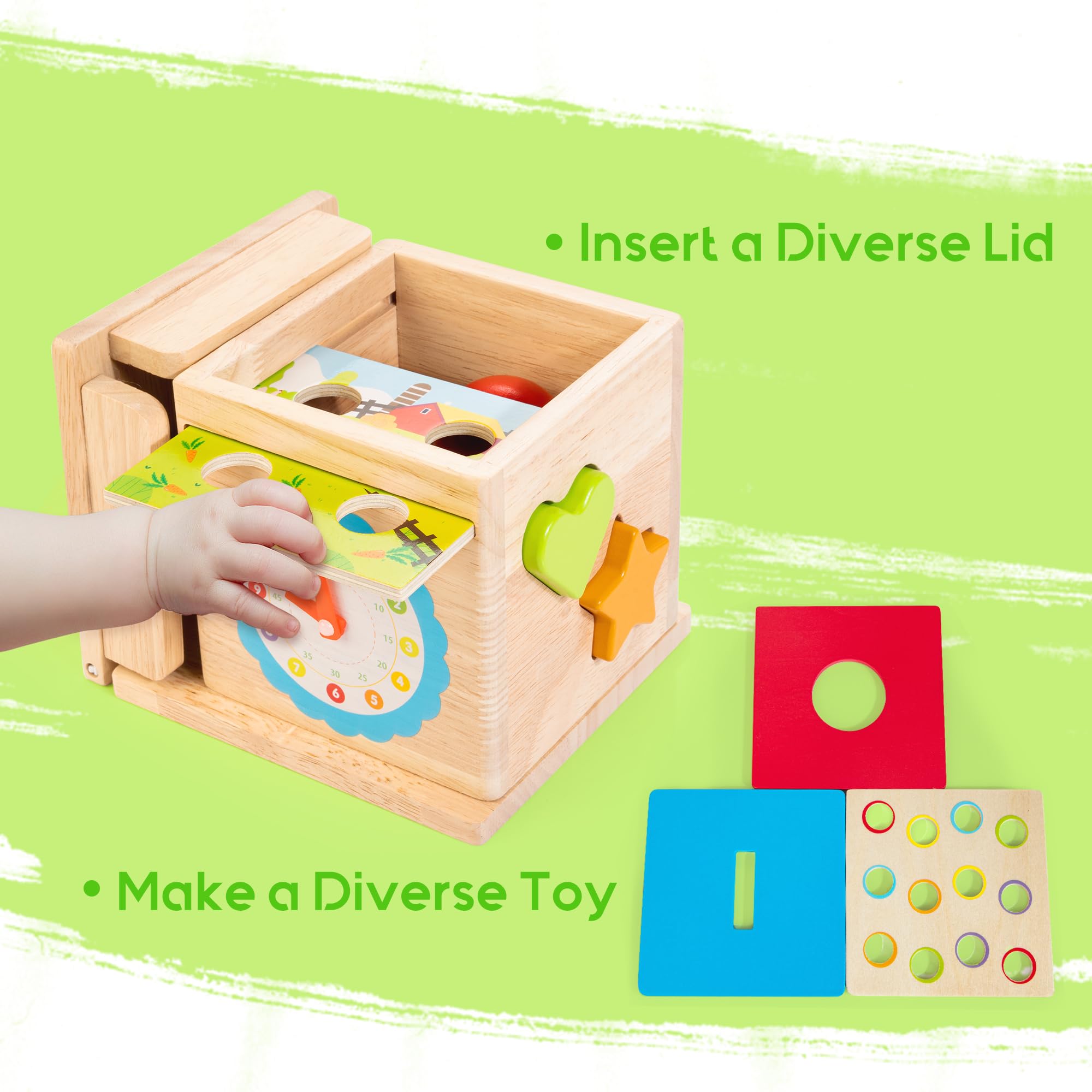 JUSTWOOD Montessori Toys for 1+ Year Old, 8-in-1 Wooden Play Kit Includes Object Permanent Box, Learning Activity Cube, Sorting & Stacking Toy, Carrot Harvest Game, Gift for Boys Girls Age 12+ Months
