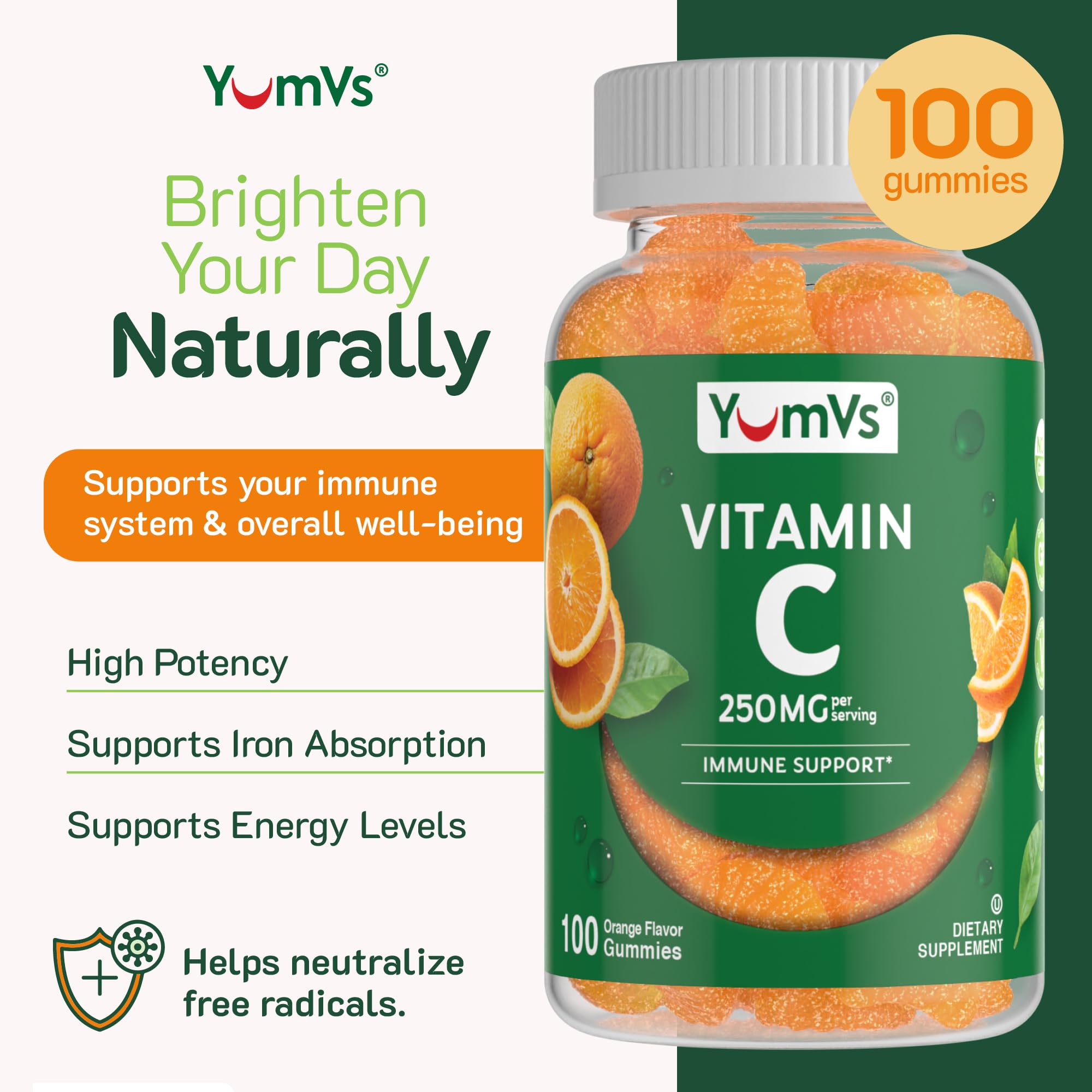 YumVs Vitamin C Gummies for Adults - 250 mg Orange Flavored Vitamin C Gummy - Vitamin C Chewable Immune Gummies for Adults - Immune Support Supplement - Kosher, Halal, Gluten Free (120 Count)