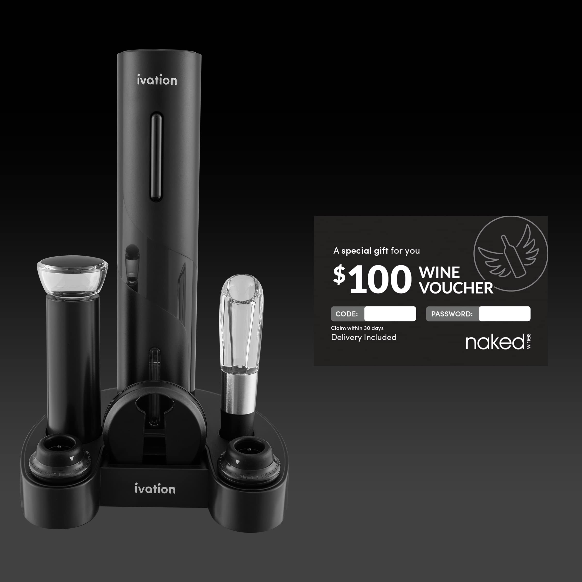 Ivation 7-Piece Wine Gift Set – Includes Electric Bottle Opener, Wine Aerator, Preserver Pump, 2 Cork Stoppers, Foil Cutter & Stand