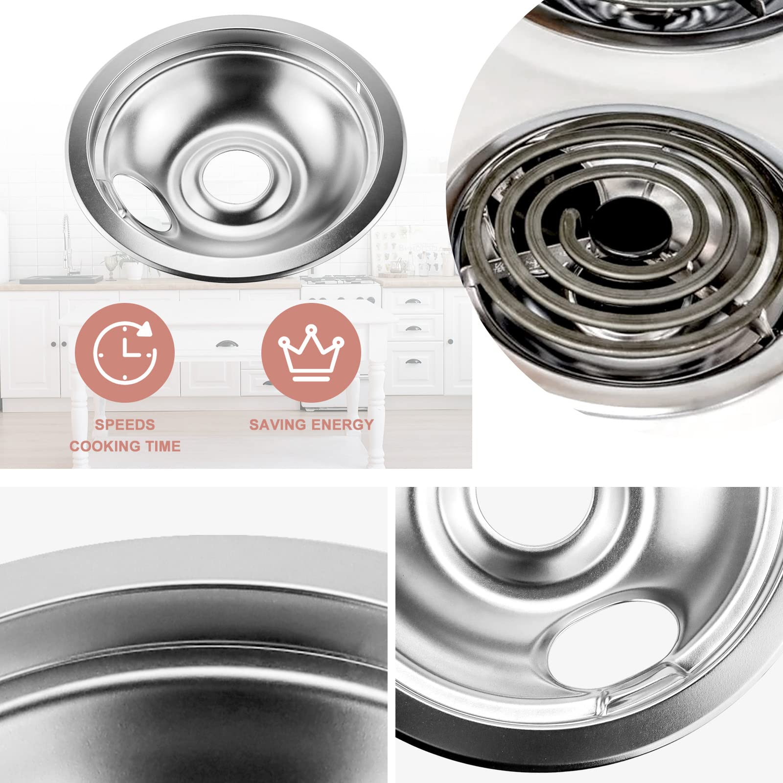 Electric Stove Burner Drip Pans Chrome 316048413(8”) 316048414(6”) and MP22YA Electric Range Burner Elements Replacement for Ken-more Tap-pan Frigi-daire Electric Stove Burner by Fetechmate