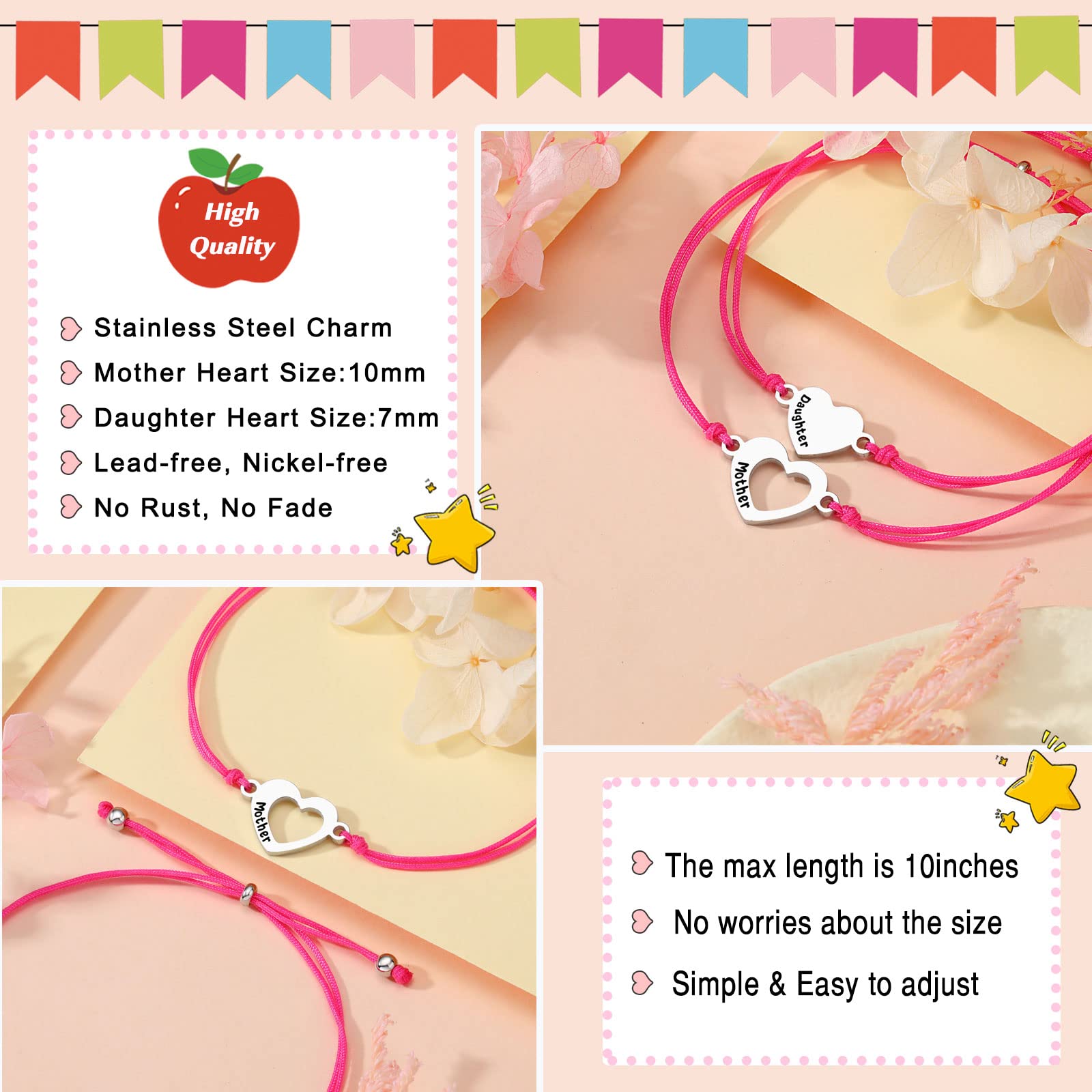 UNGENT THEM Back to School Bracelet Mommy and Me First Day of School Bracelet for Mom and Daughter Girls, Mother Daughter Matching Heart Bracelets, Back to School Gifts