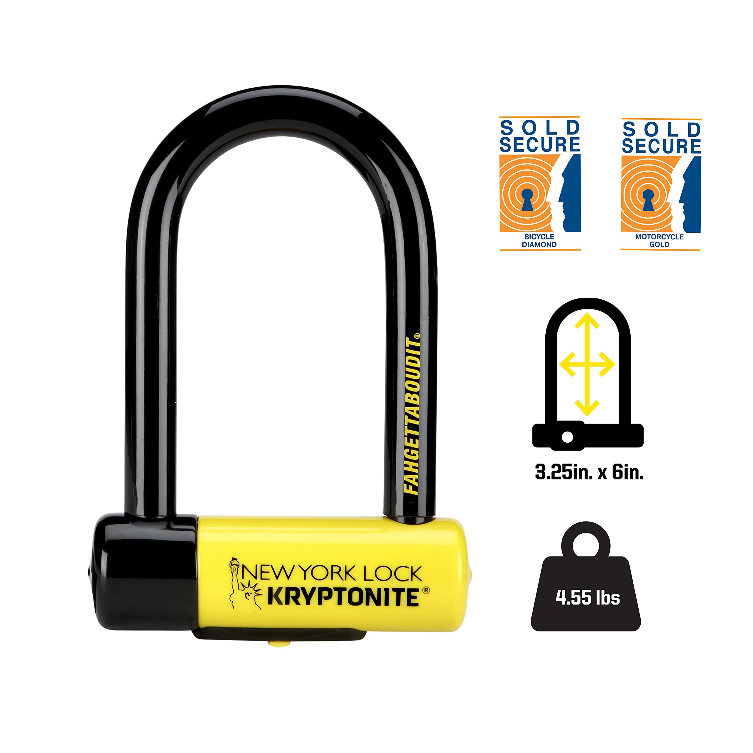 Kryptonite New York Fahgettaboutit Mini Bike U-Lock, Heavy Duty Anti-Theft Bicycle U Lock, 18mm Shackle with Keys, Ultimate Security Lock for Bicycles E-Bikes Scooters,Black