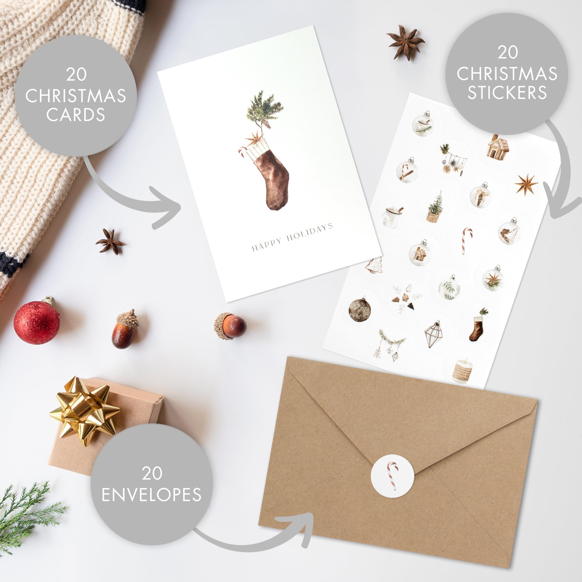 ZICOTO Beautiful Modern Rustic Christmas Cards Set of 20 - Incl. Bulk Envelopes, Matching Stickers And Storage Box - Perfect to Send Warm Holiday Wishes to Friends and Family