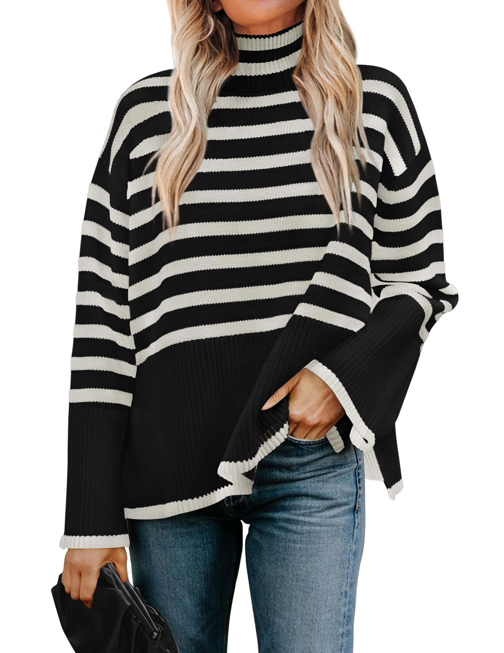 ZESICA Women's Winter Sweaters Casual Turtleneck Long Sleeve Striped Side Slit Loose Pullover Sweater Jumper Tops,Black,Small