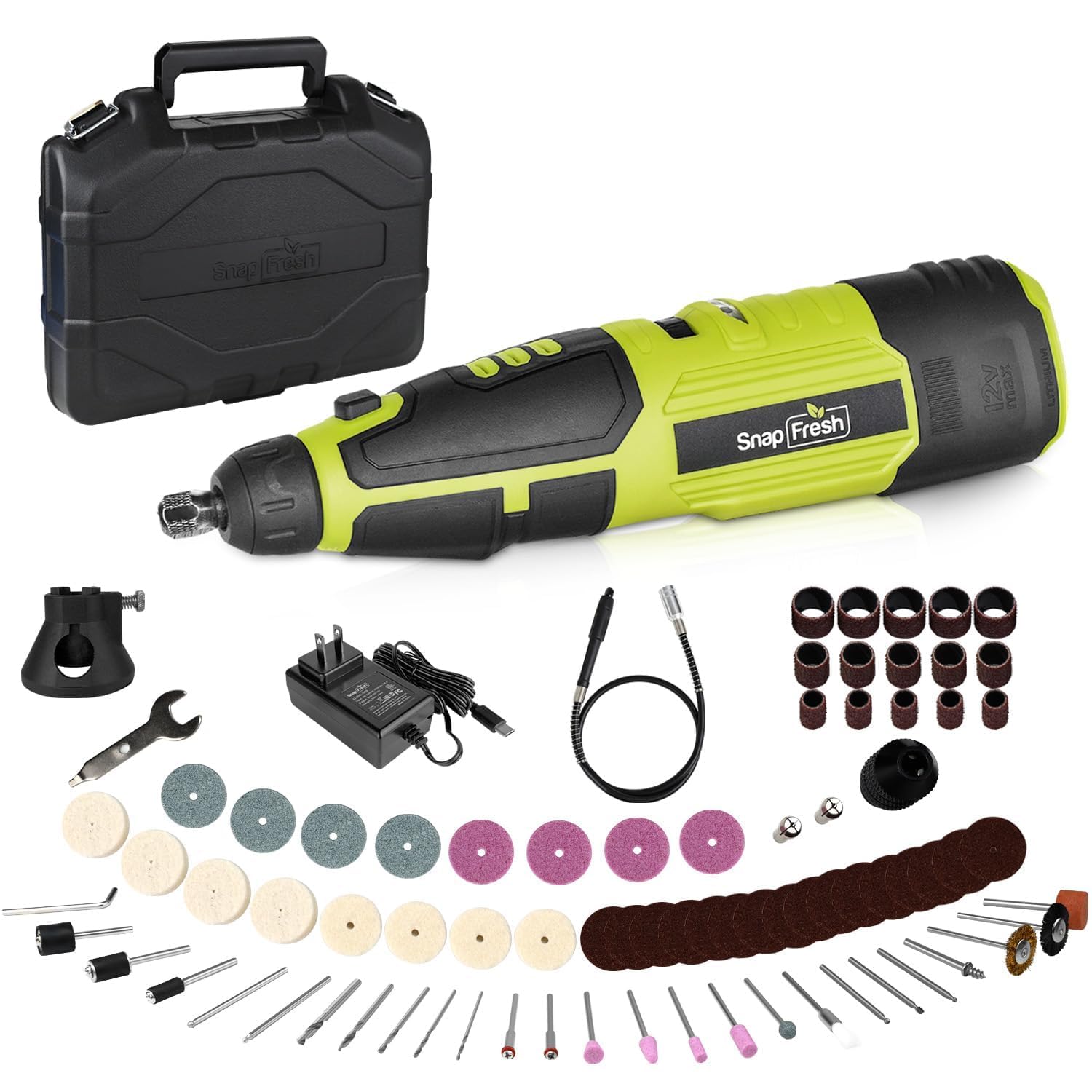 SnapFresh 12V Cordless Rotary Tool Kit,7 Variable Speeds w/Flex Shaft,80+ Change Accessories Multi Tool-Battery Fast Charger & Tool Bag-for Cutting, Sanding, Polishing, Drilling,Handmade or DIY Crafts