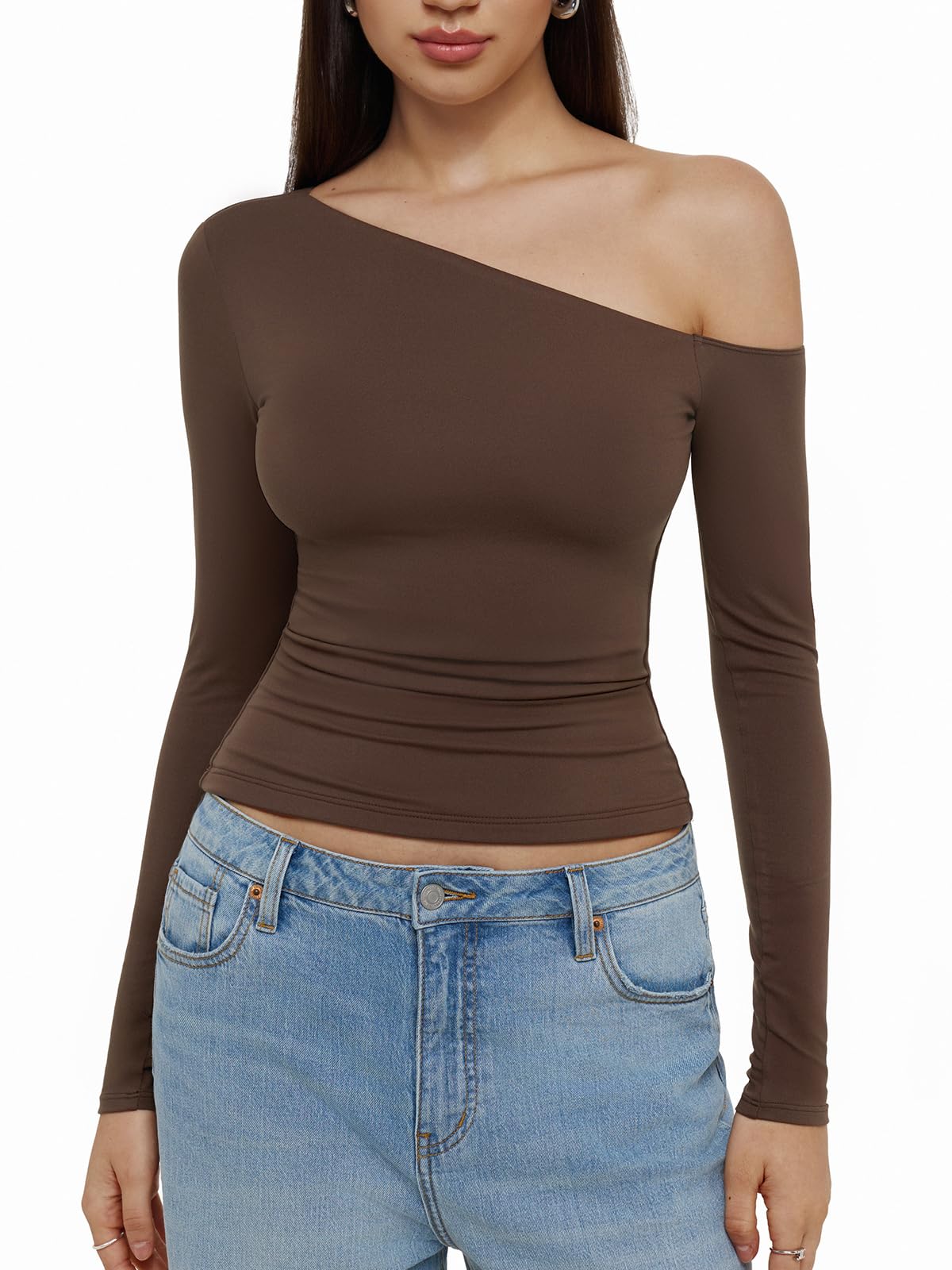 REORIA Womens Trendy Long Sleeve Shirts Double Lined Casual Slim Fitted Tee Y2K 2025 Fall Off The Shoulder Tops Brown