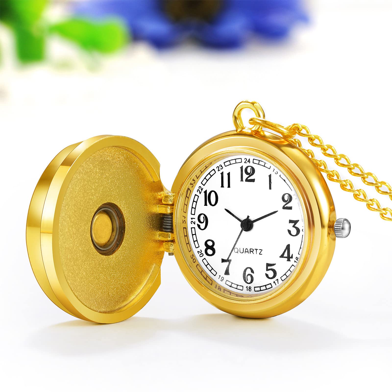 JewelryWe Vintage Pocket Watch for Women Classic Gold Plated Round Analog Quartz Watch Clock Pendant Necklace Watch with Chain