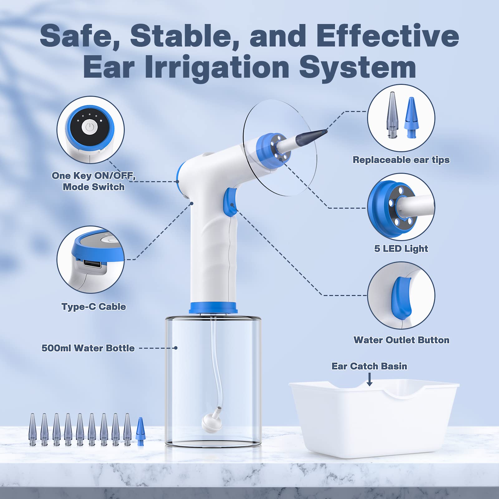 Ear Wax Removal, Electric Ear Cleaning Kit with Light, FSA HSA Eligible, Ear Irrigation Kit with 4 Pressure Modes, Safe and Effective Ear Flush Kit with Ear Cleaner - Includes Basin, Towel & 15 Tips