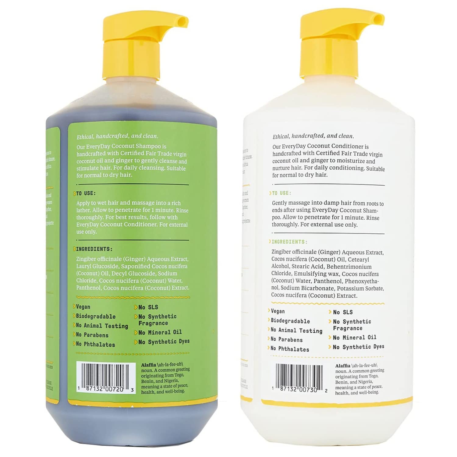 Alaffia EveryDay Coconut Shampoo and Conditioner - Normal to Dry Hair Cleansing with Ginger and Coconut Oil, Fair Trade, 32 Fl Oz