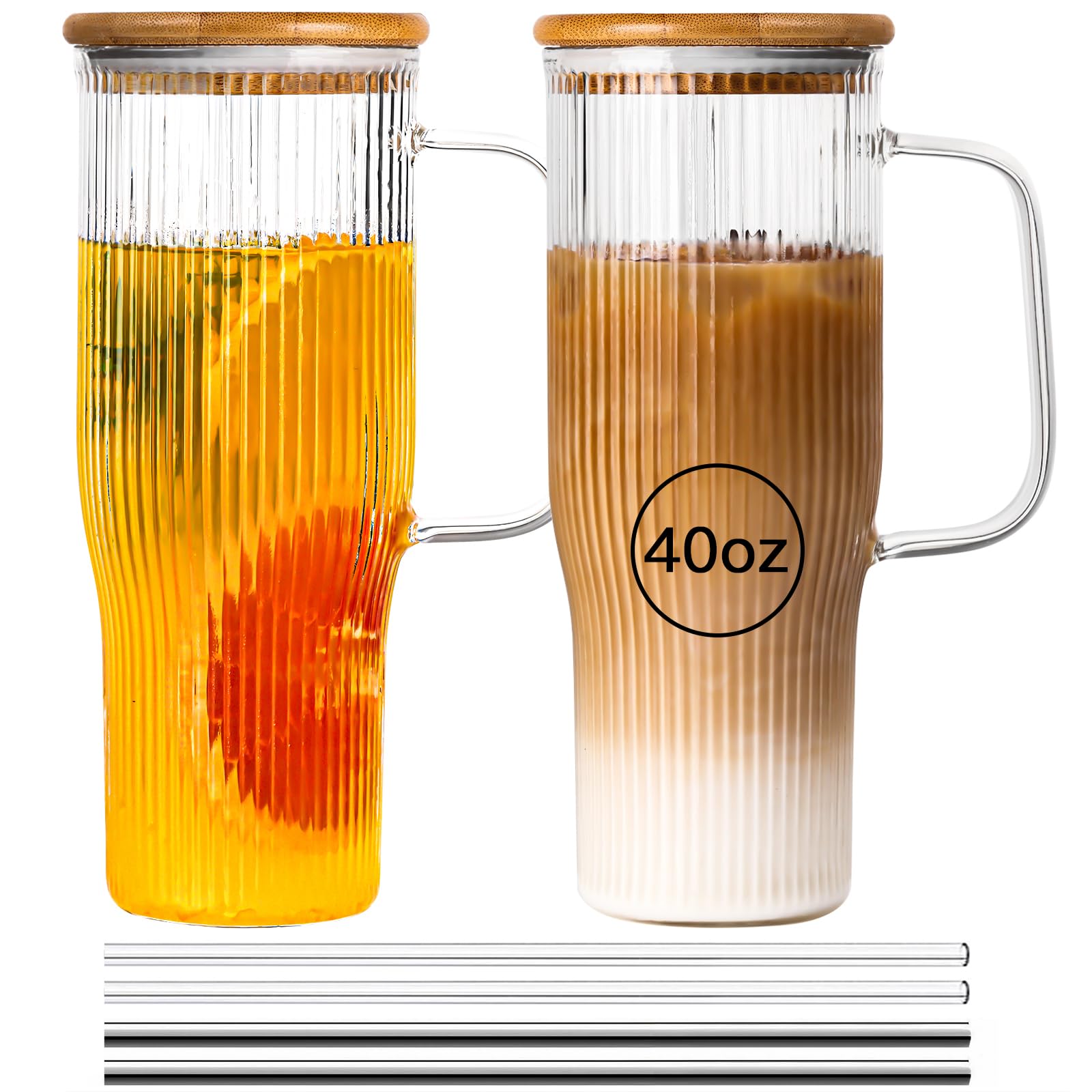 SIPBYSOP 40 oz Ribbed Glass Tumbler with Handle, 2 Pack Glass Cups with Lids and Straws, Large Iced Coffee Cup,Borosilicate, with Bamboo Lid and 4 Straws