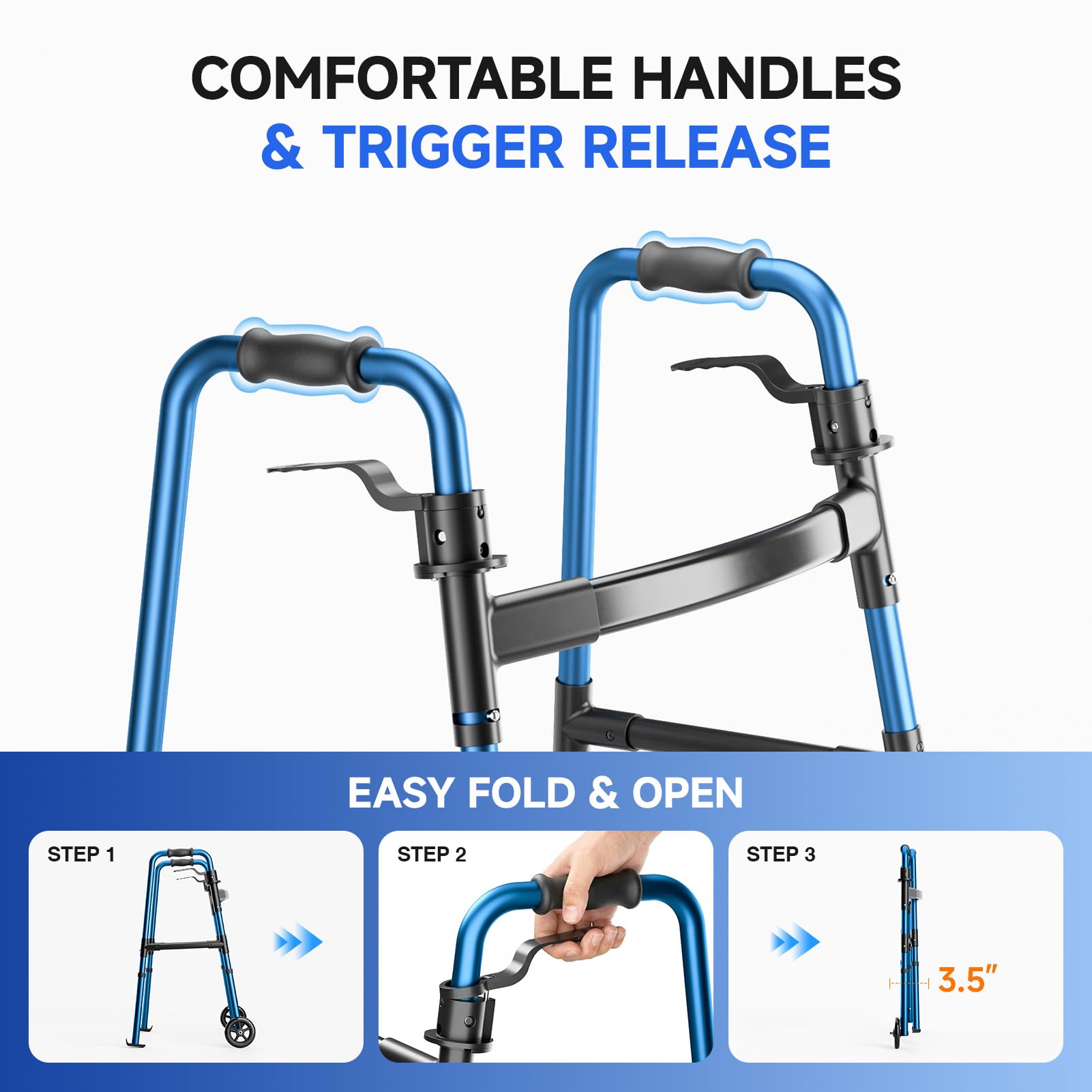 Loyoda Folding Walker for Seniors, Front Wheel Walker with Storage Bag & Rear Ski Glides, Height Adjustable, 350lbs Capacity, Blue