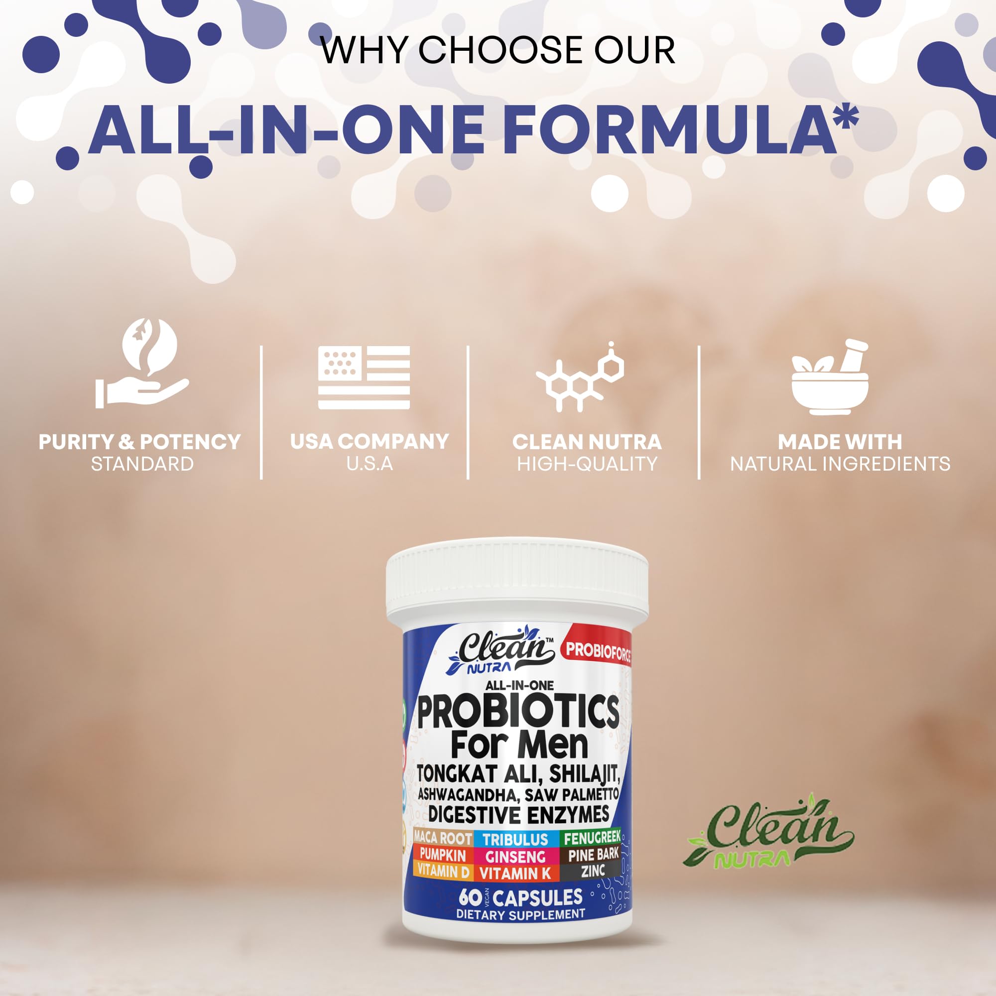 Clean Nutra Probiotics for Men | Tongkat Ali, Saw Palmetto, Tribulus, Ginseng, Ashwagandha, Maca, Pumpkin, Gingko Biloba, Pine Bark, Fenugreek, Shilajit, Zinc - Mens Probiotic 60 Capsules