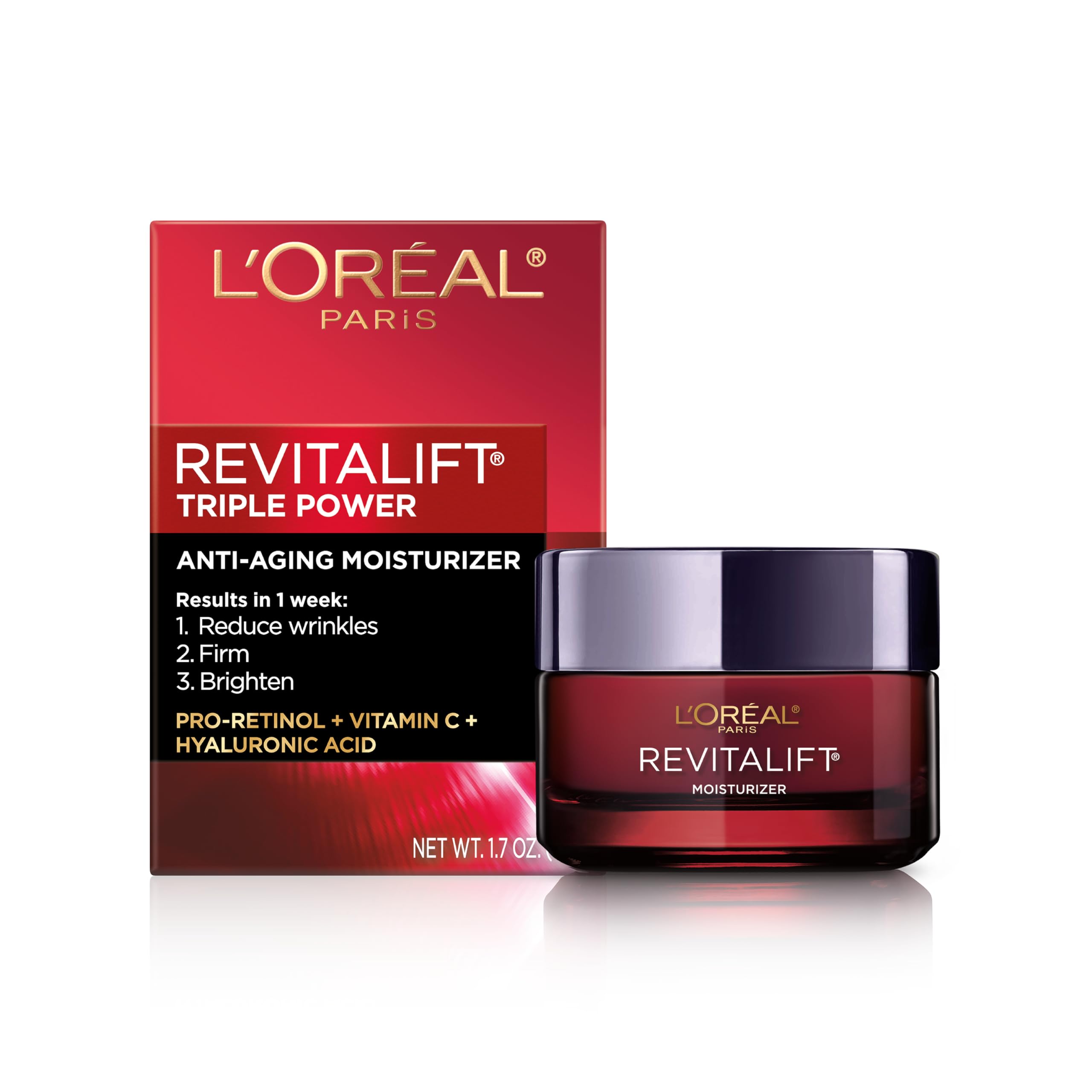 L'Oreal Paris Revitalift Triple Power Anti-Aging Face Moisturizer, Pro Retinol, Hyaluronic Acid & Vitamin C to Reduce Wrinkles, Firm & Brighten Skin, 1.7 Oz