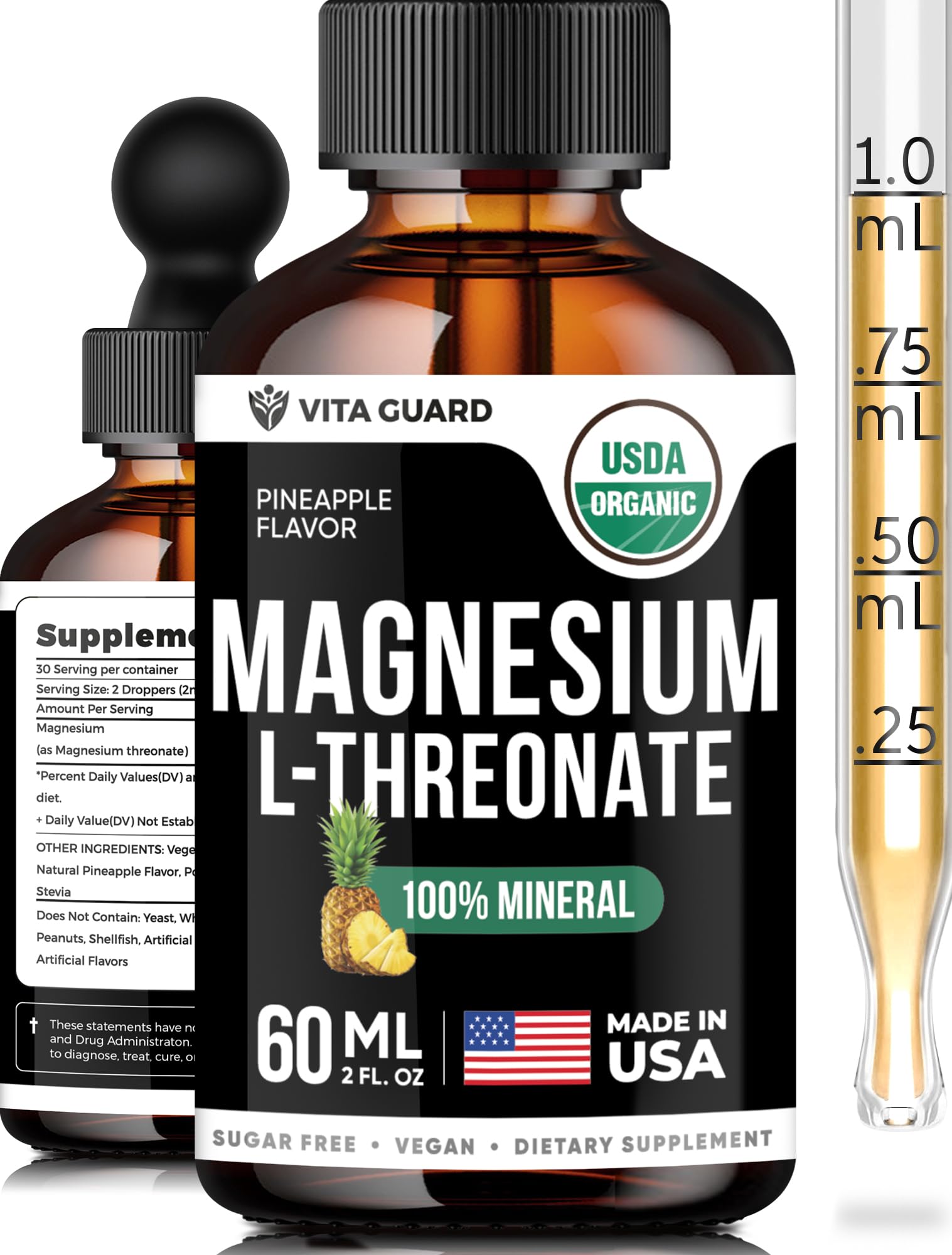 Vita Guard Magnesium L-Threonate Liquid Drops - 500mg Vegan Formula for Brain Health, Pineapple Flavor, 60ML (2 fl oz) | Gluten-Free, Non-GMO