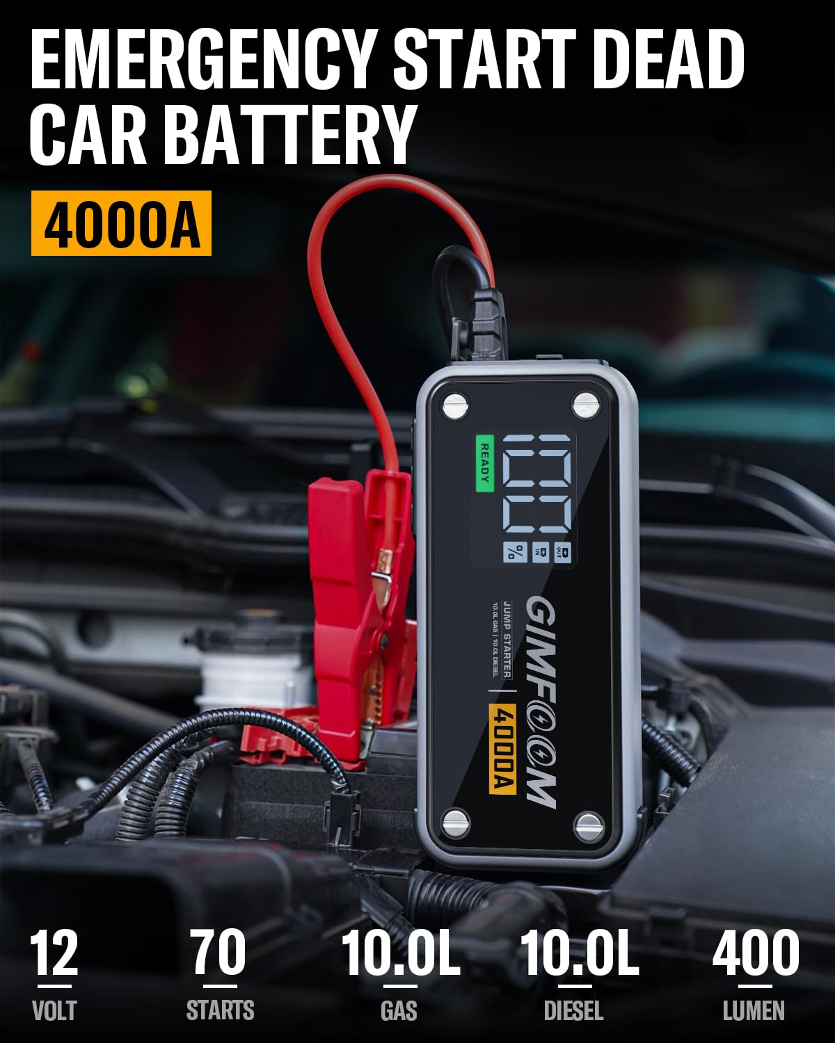 GIMFOOM Jump Starter, 4000A Car Battery Jump Starter with Wall Charger (10L Gas & 10L Diesel Engines), 12V Jump Starter Battery Pack with 3.4 Inch Smart Display, Jump Box with 400 Lumens LED Light