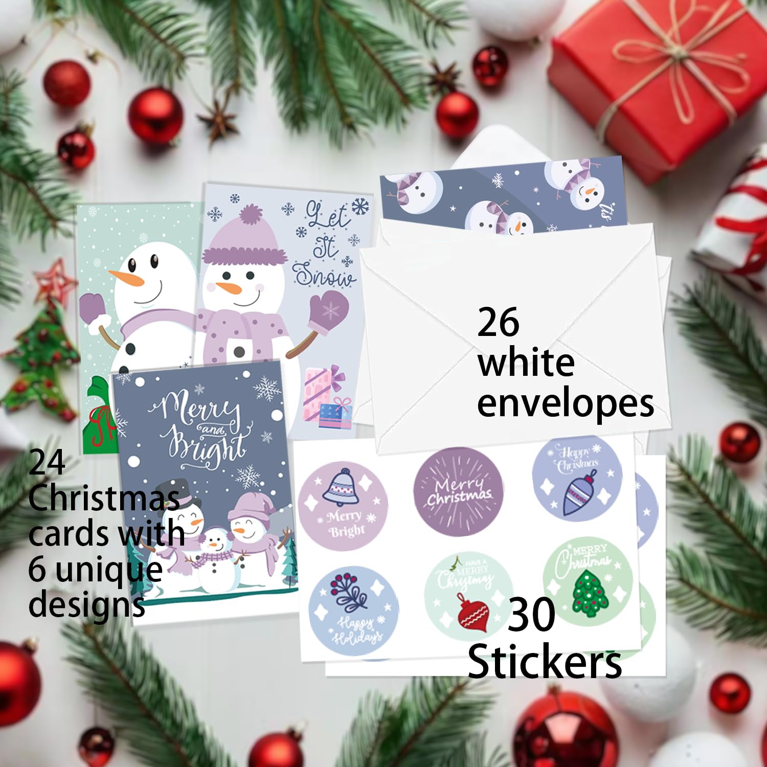 QINGRUIGO 24 Pack Snowman Christmas Cards with Envelopes & Stickers - 6 Designs with Printed Message Christmas Holiday Cards, 4x6in Snowman Christmas Card, Boxed Christmas Cards