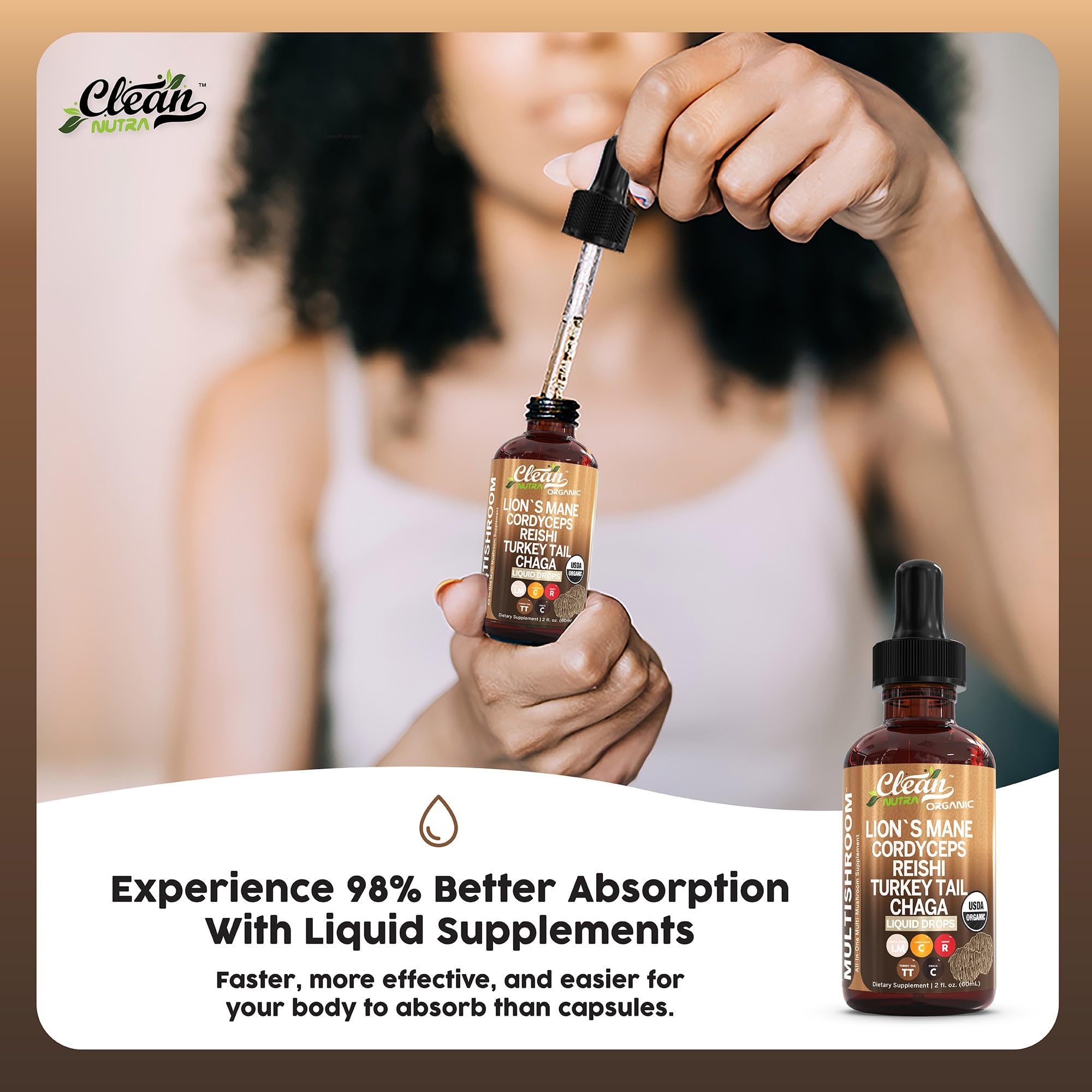 Organic Lions Mane Mushroom Supplement Liquid Drops + Turkey Tail Cordyceps Reishi Chaga Shitake Maitake Tremella Oyster Mushrooms Poria and Enokitake Complex Blend by Clean Nutra