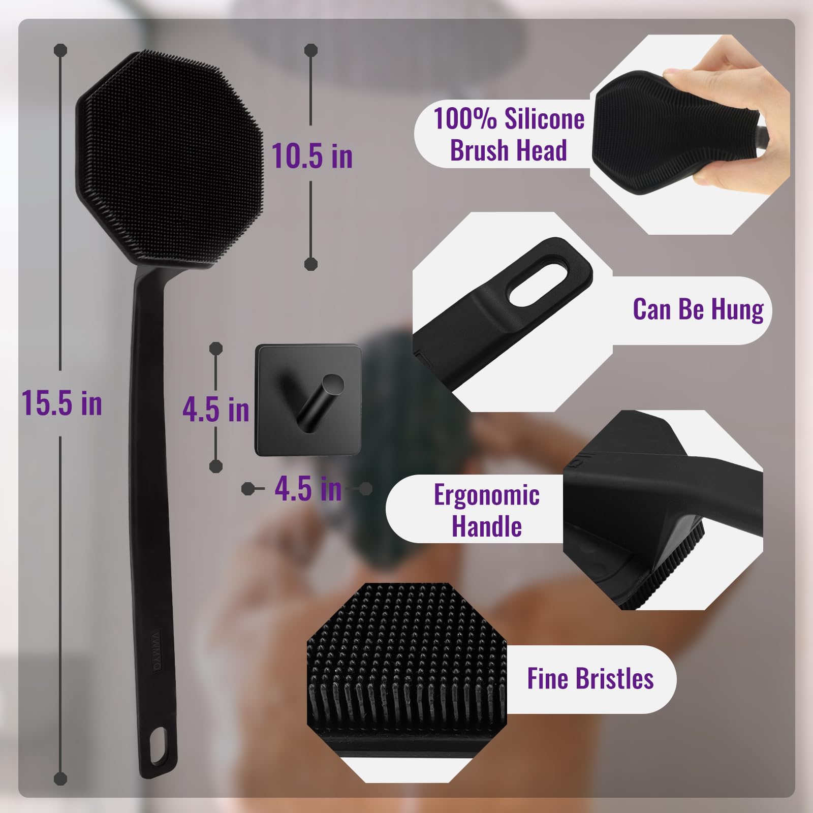 Silicone Back Scrubber for Shower,Back Washer for Shower Men, Lengthen Bath Body Brush with Long Handle, Brush for Shower Exfoliating and Massage Shower Brush - Black