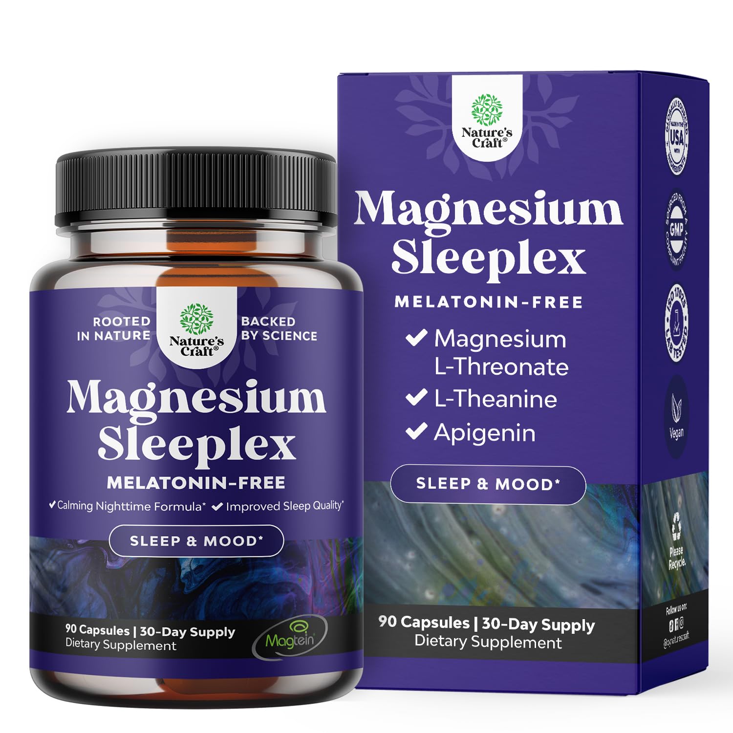 High Absorption Magnesium Sleep Supplement - Magnesium Threonate Supplement with Apigenin 50mg L-Theanine 250mg per Serving Plus Lemon Balm Extract - Melatonin-Free Calm Magnesium for Sleep (1 Month)