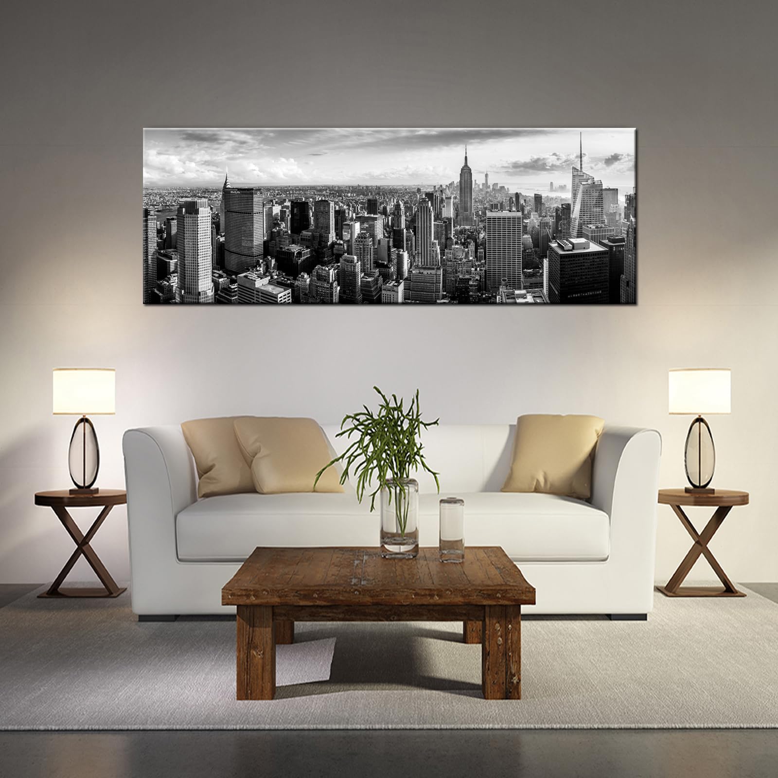 LevvArts New York Canvas Wall Art Black and White City Skyline Picture Panoramic Photo Canvas Print Modern Home Office Living Room Wall Decoration Ready to Hang 20"x55"