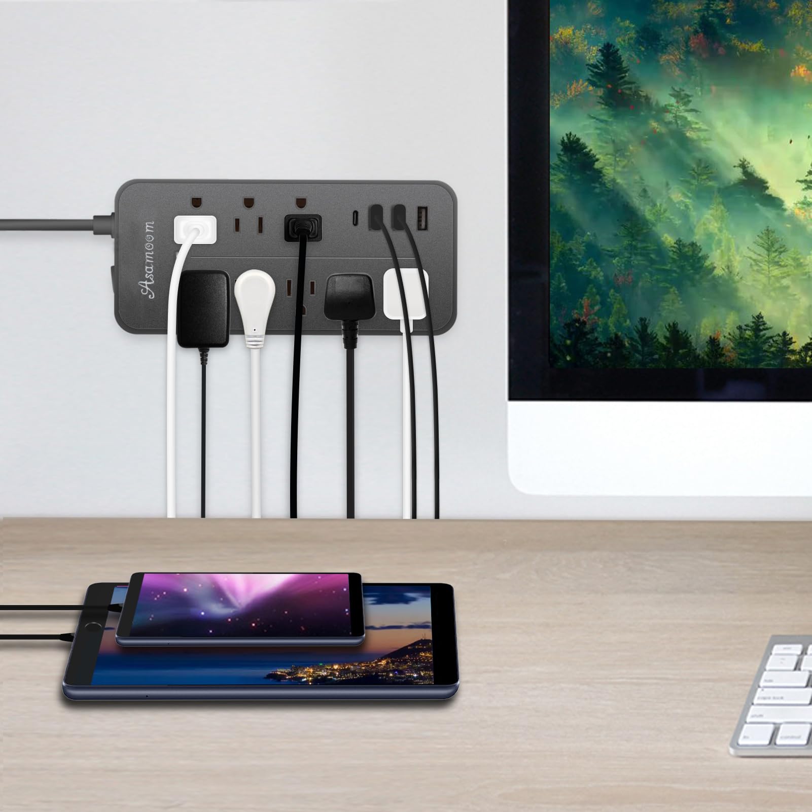 25FT Surge Protector Power Strip Extension Cord with USB C, Asamoom Flat Plug Power Strip with Long Cord, 8 Outlets and 3 USB A & 1 USB-C Port,1700J Wall Mount Desk Power Strip for Home Office Black