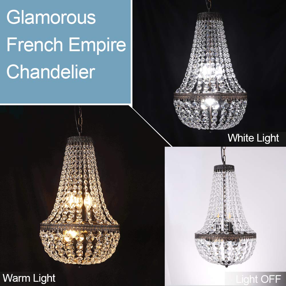 Wellmet 6 Lights French Empire Crystal Chandelier, 13 Inch Farmhouse Pendant Chandeliers Lighting, Adjustable Antique Bronze Ceiling Light Fixture for Dining Room Bedroom Foyer Living Room