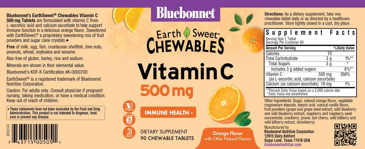 Bluebonnet Nutrition EarthSweet Vitamin C 500 mg Powerful Antioxidant Protection & Immune Health Support Supplement - Maximum Absorption - Gluten-Free, Vegan - Flavor - Chewable Tablets Orange, 90 Count (Pack of 1)
