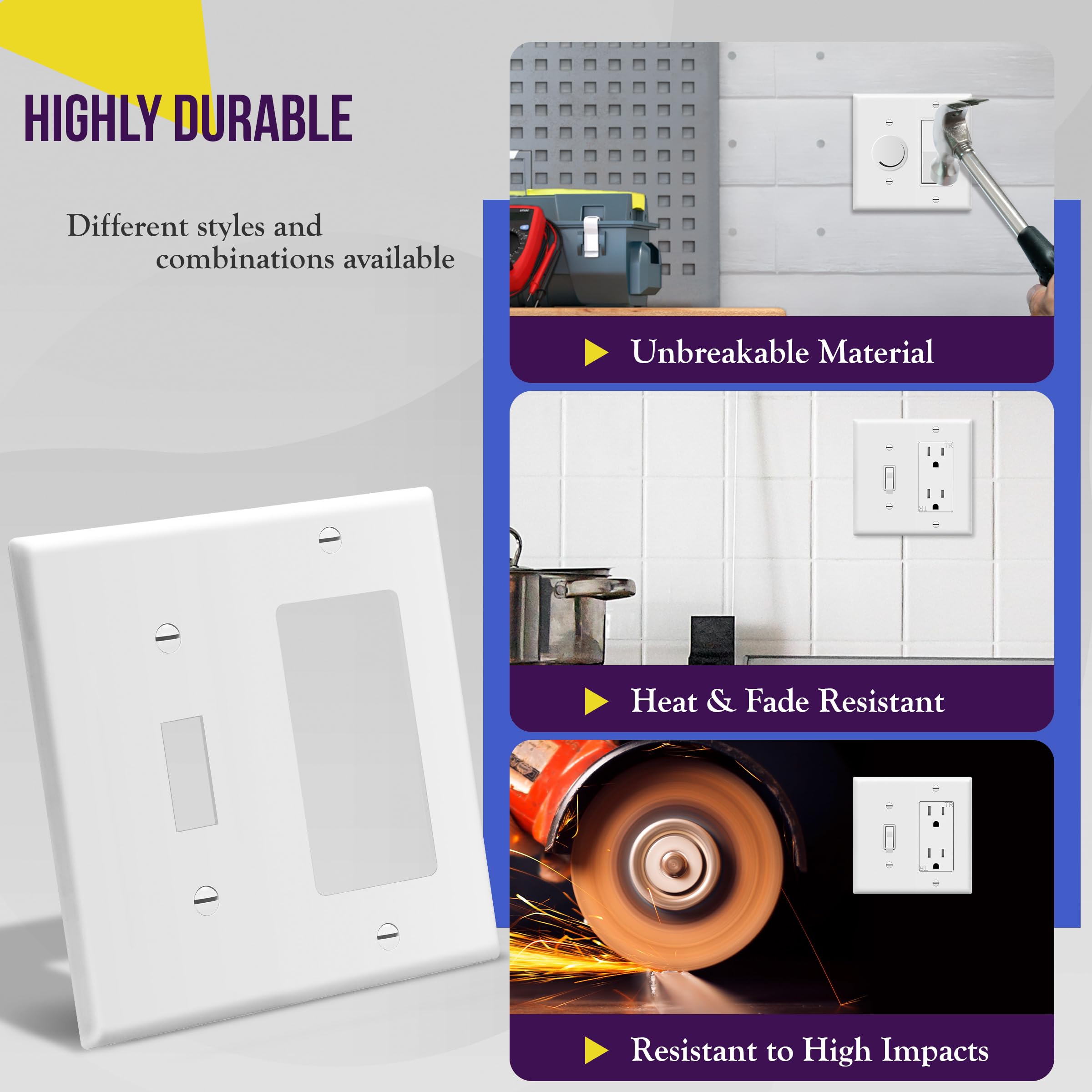 Enerlites 881131-W Decorator/Toggle Switch Wall Plate Combination, 2-Gang, White, Standard Size, Unbreakable Polycarbonate, Replacement Receptacle Faceplates Outlet Cover