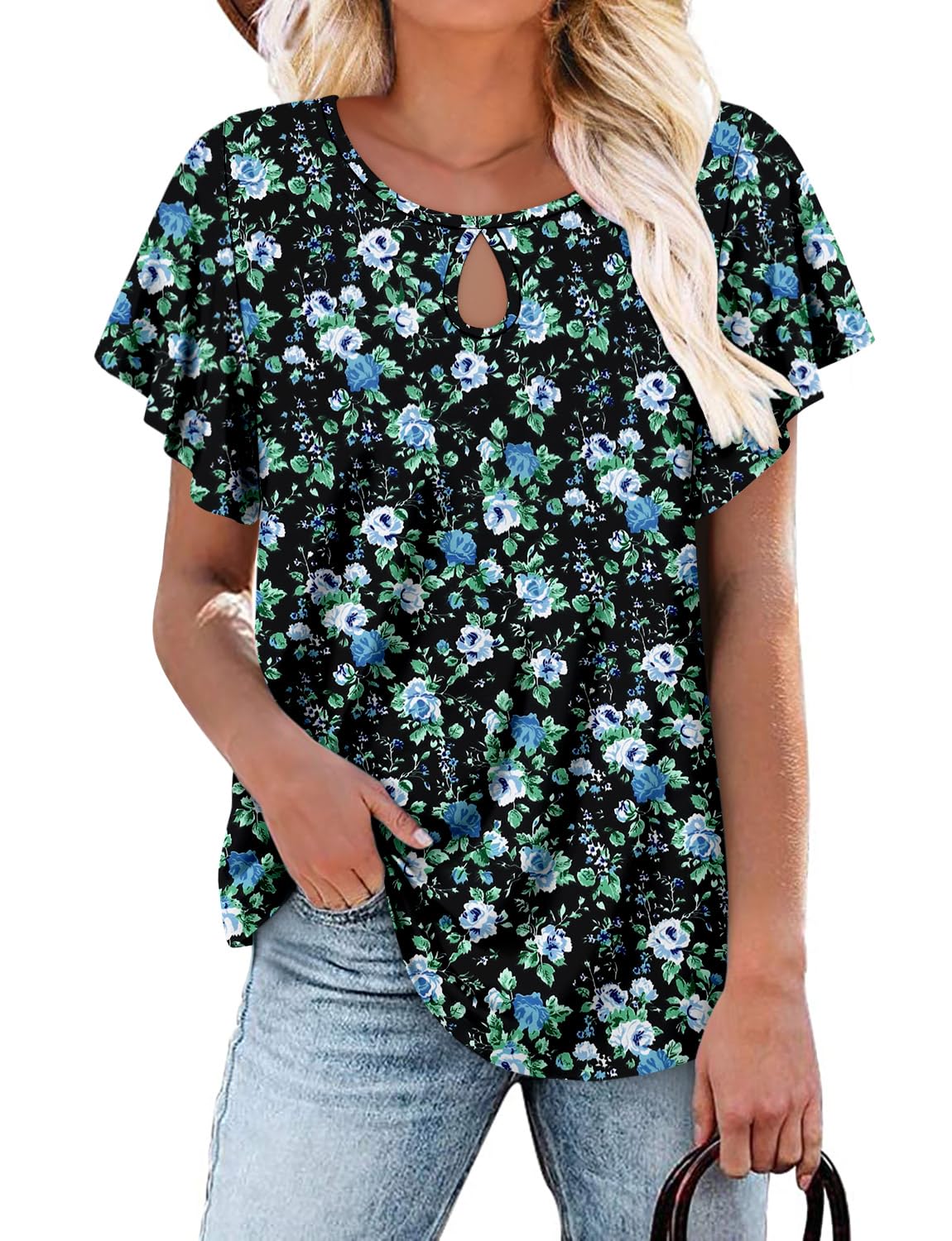 ONLYSHE Womens Tops Dressy Casual Summer Tops Floral Short Sleeve Tunic Blouse Shirts BlackBW XL