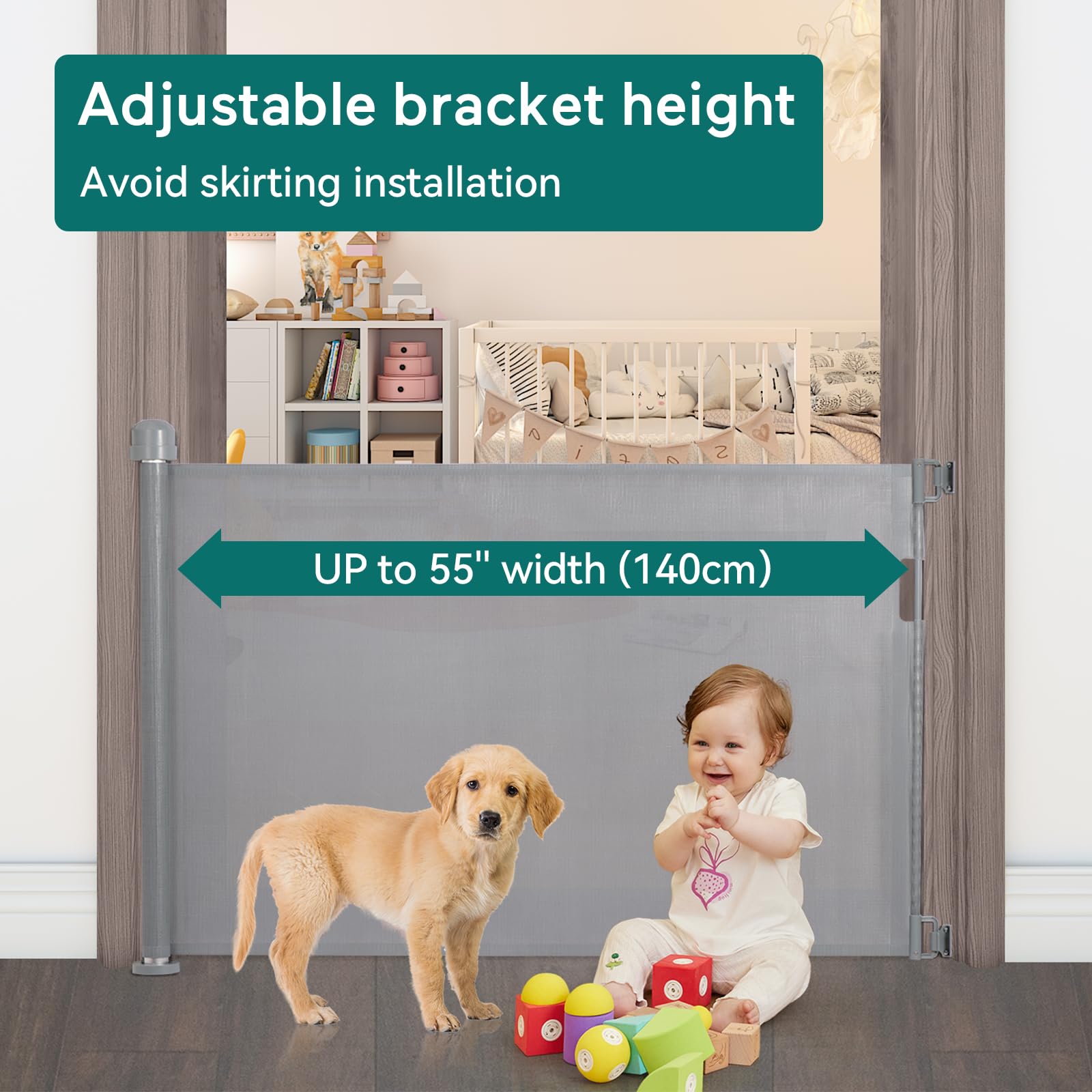 YOOFOR Retractable Baby Gate, Extra Wide Safety Kids or Pets Gate, 33” Tall, Extends to 55” Wide, Mesh Safety Dog Gate for Stairs, Indoor, Outdoor, Doorways, Hallways (Grey, 33"x55")