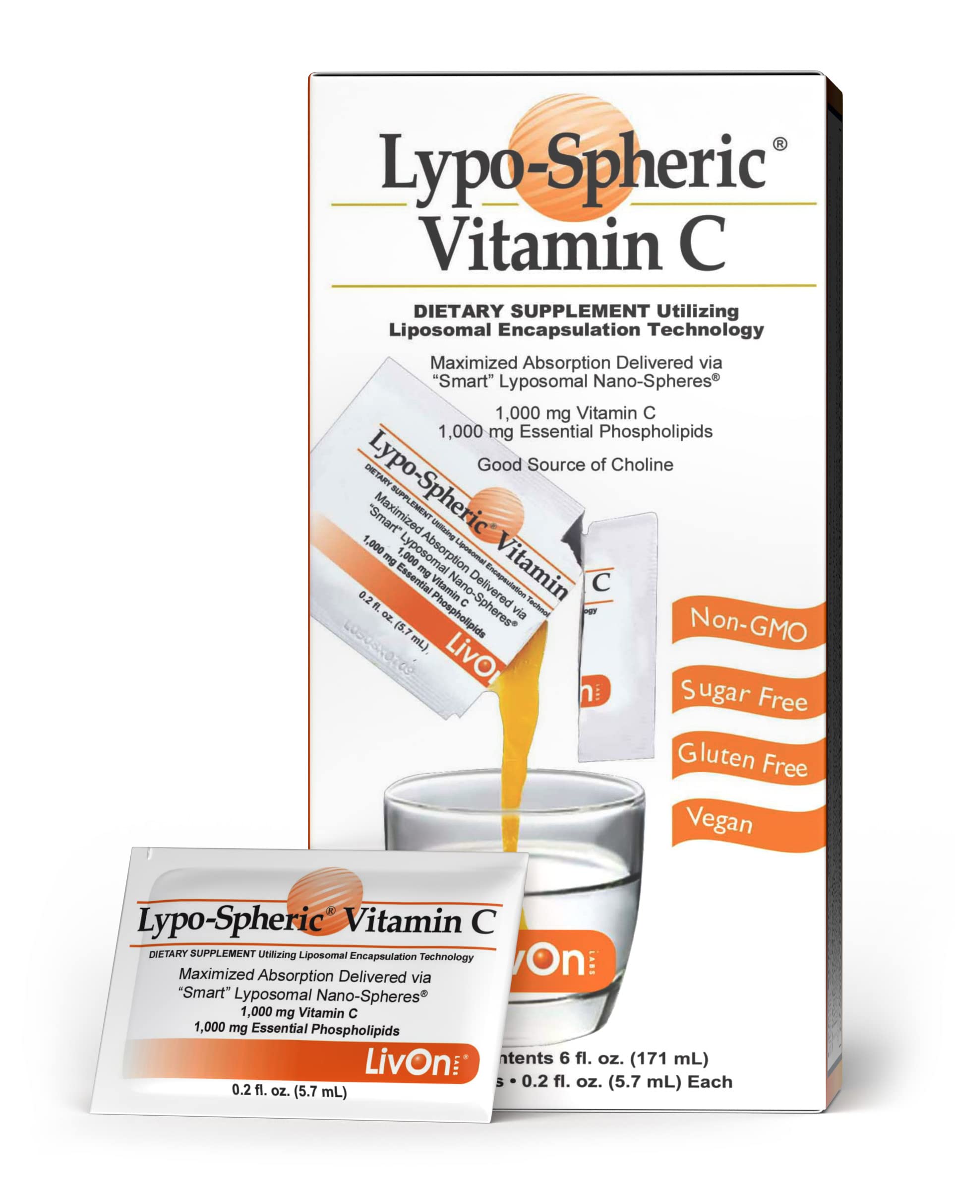 LivOn Laboratories Lypo–Spheric Liposomal Vitamin C 1000mg 30 Packets - No Sugar, Immune Support, Plant Based - Easy to Swallow, Absorbable, Convenient Individual Packets 100% Non–GMO, Gluten Free