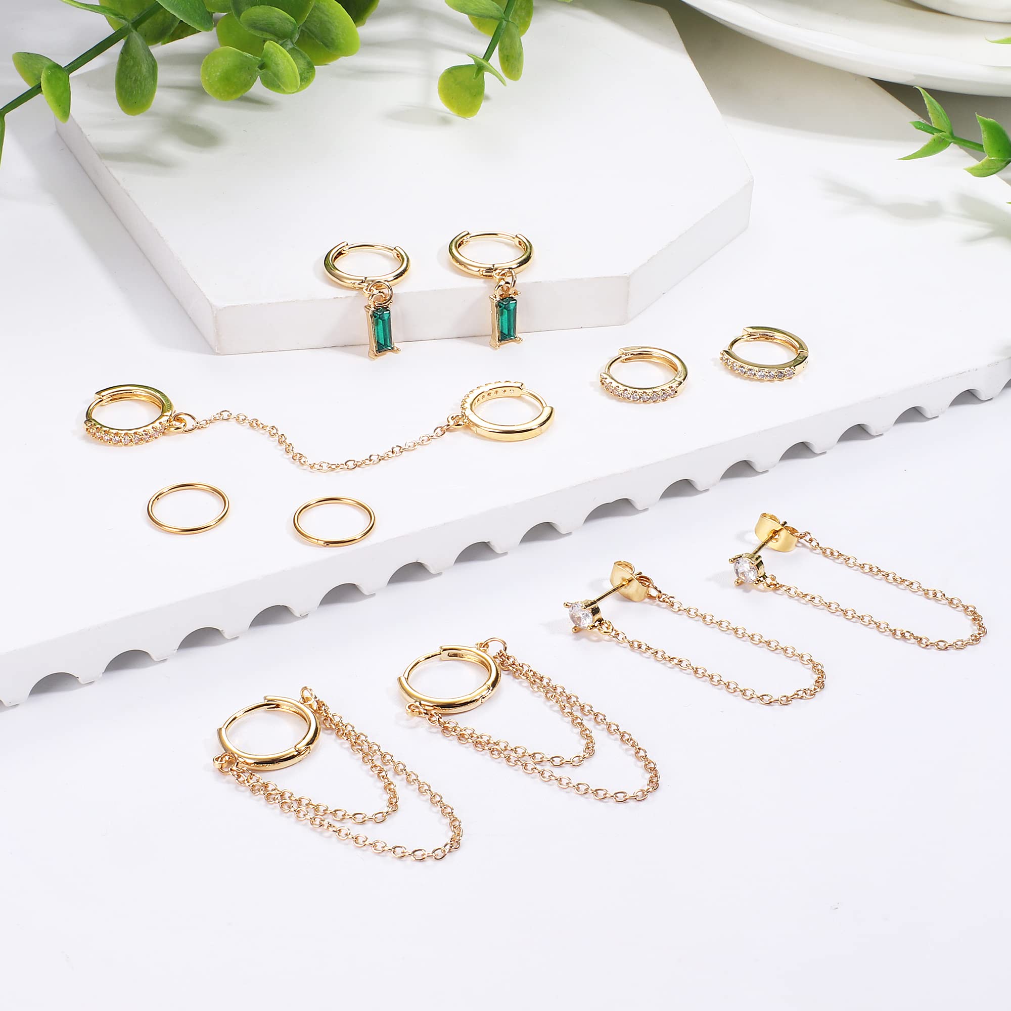 LOYALLOOK 29Pcs 14K Gold Plated Studs Earrings and Hoops Set for Women Huggie Hoop Studs Earrings Set Dainty Minimalist Moon Heart Butterfly CZ Ball Small Dangle Chain Hoop Earrings Set for Multiple