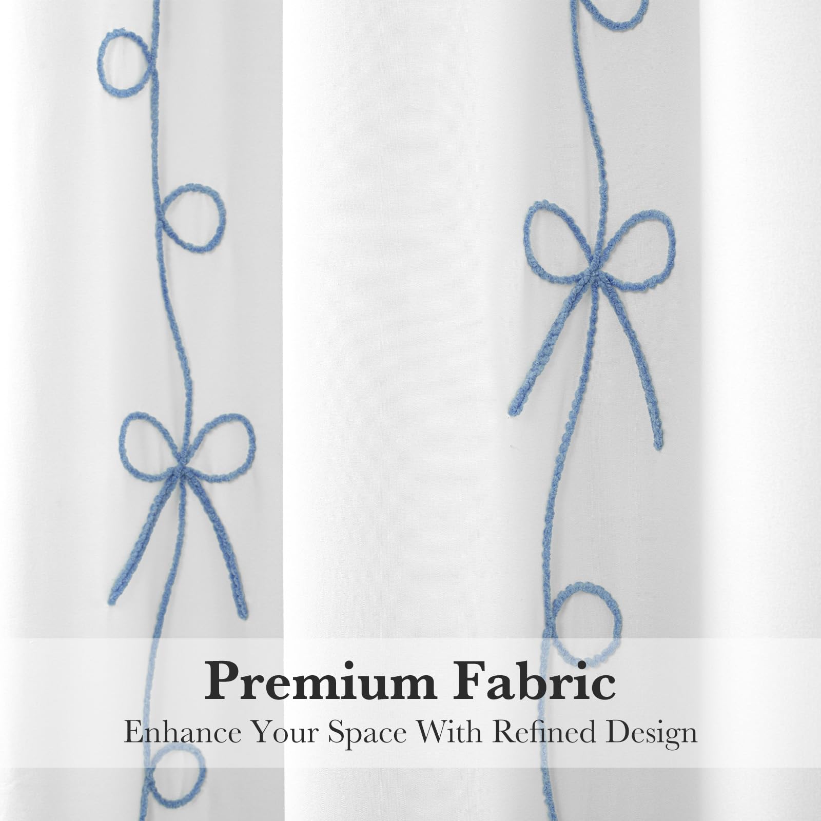 Seasonwood Blue Bow Shower Curtain Cute Fabric Shower Curtain 72 x 72 Inches, Aesthetic Embroidered Textured Shower Curtains Elegant Pretty Bathroom Decor