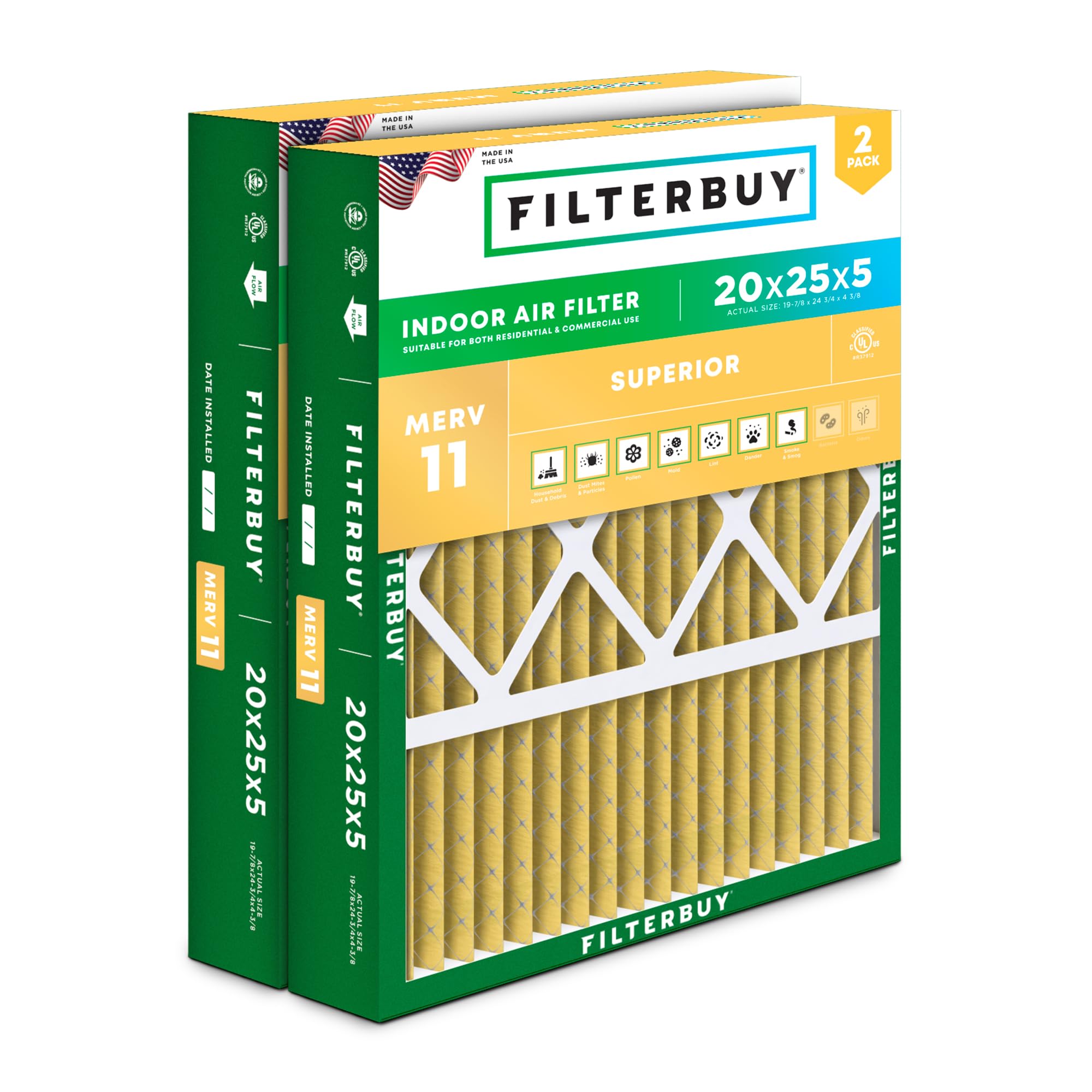 Filterbuy 20x25x5 Air Filter MERV 11 Allergen Defense (2-Pack), Pleated HVAC AC Furnace Air Filters for Honeywell FC100A1037, Lennox X6673, Carrier, & More (Actual Size: 19.88 x 24.75 x 4.38 Inches)