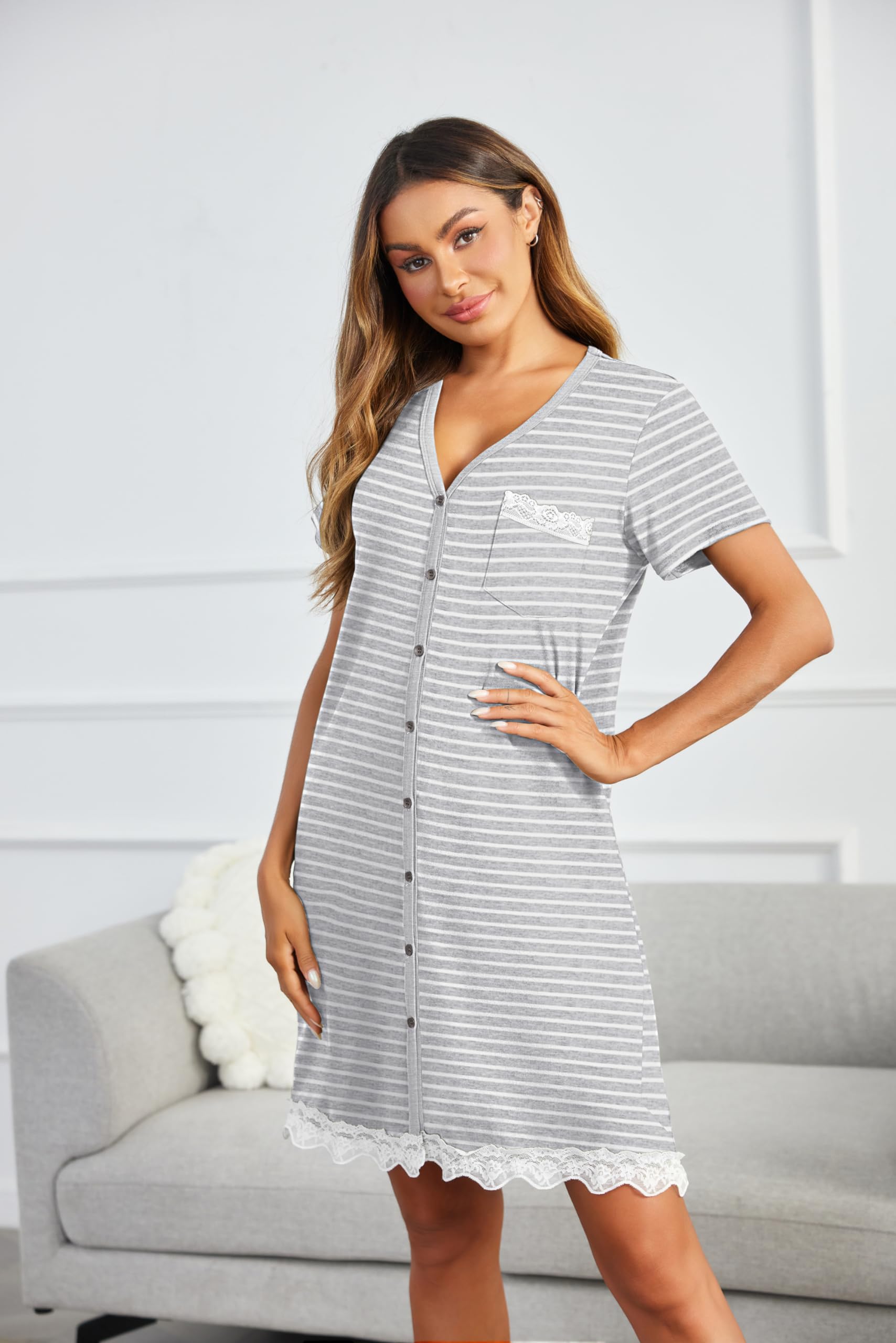 Ekouaer Women's Button Down Nightgowns Short Sleeve Nursing Night Gown Soft Nightshirt